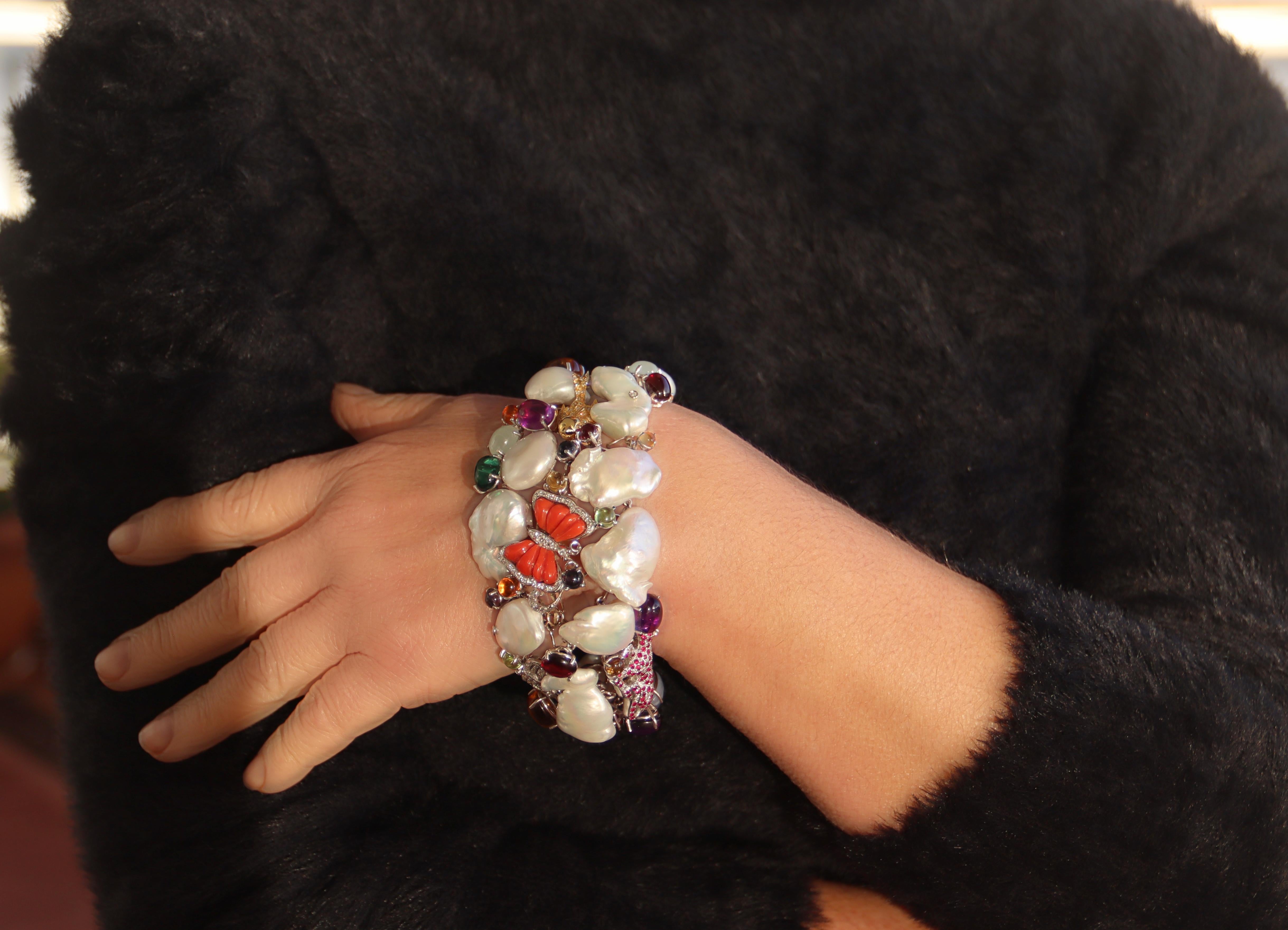Diamonds Emeralds Rubies Pearls 18 Karat White Gold Cuff Bracelet For Sale 1