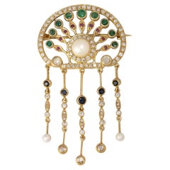 Diamonds, Emeralds, Rubies, Sapphires and Pearls Gold Pendant/Brooch