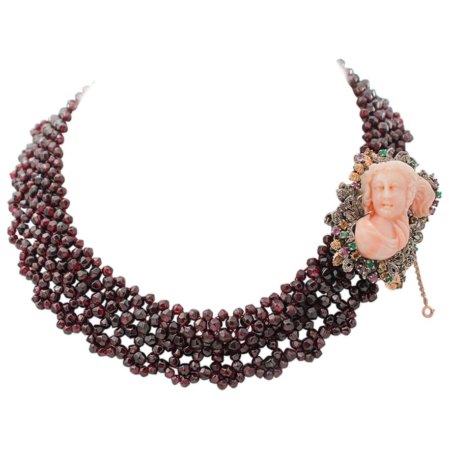 Diamonds, Emeralds Rubies Sapphires Garnets, Coral, 9kt Gold and Silver Necklace