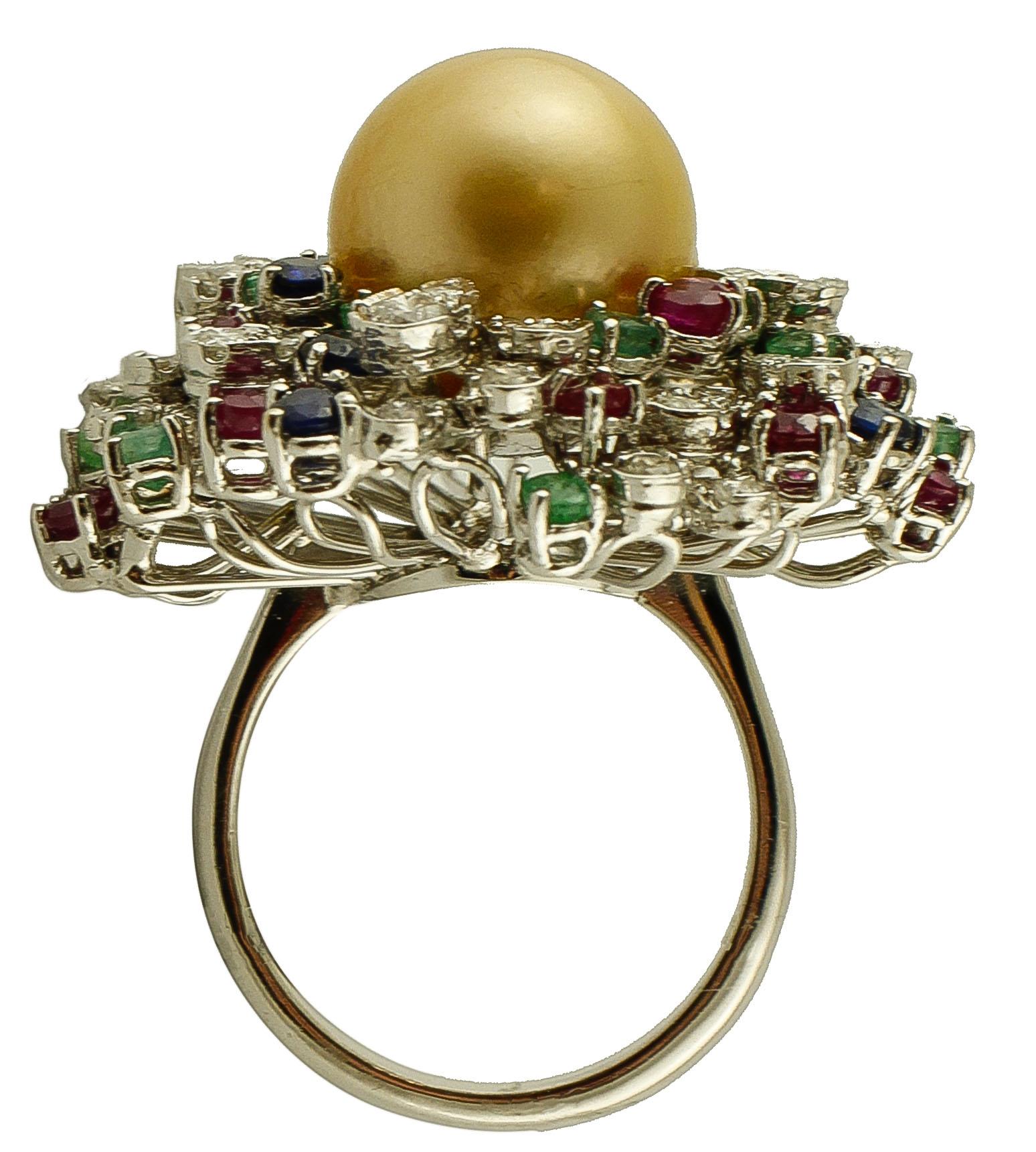 Mixed Cut Diamonds, Emeralds, Rubies, Sapphires, Pearl 14 Karat White Gold Ring