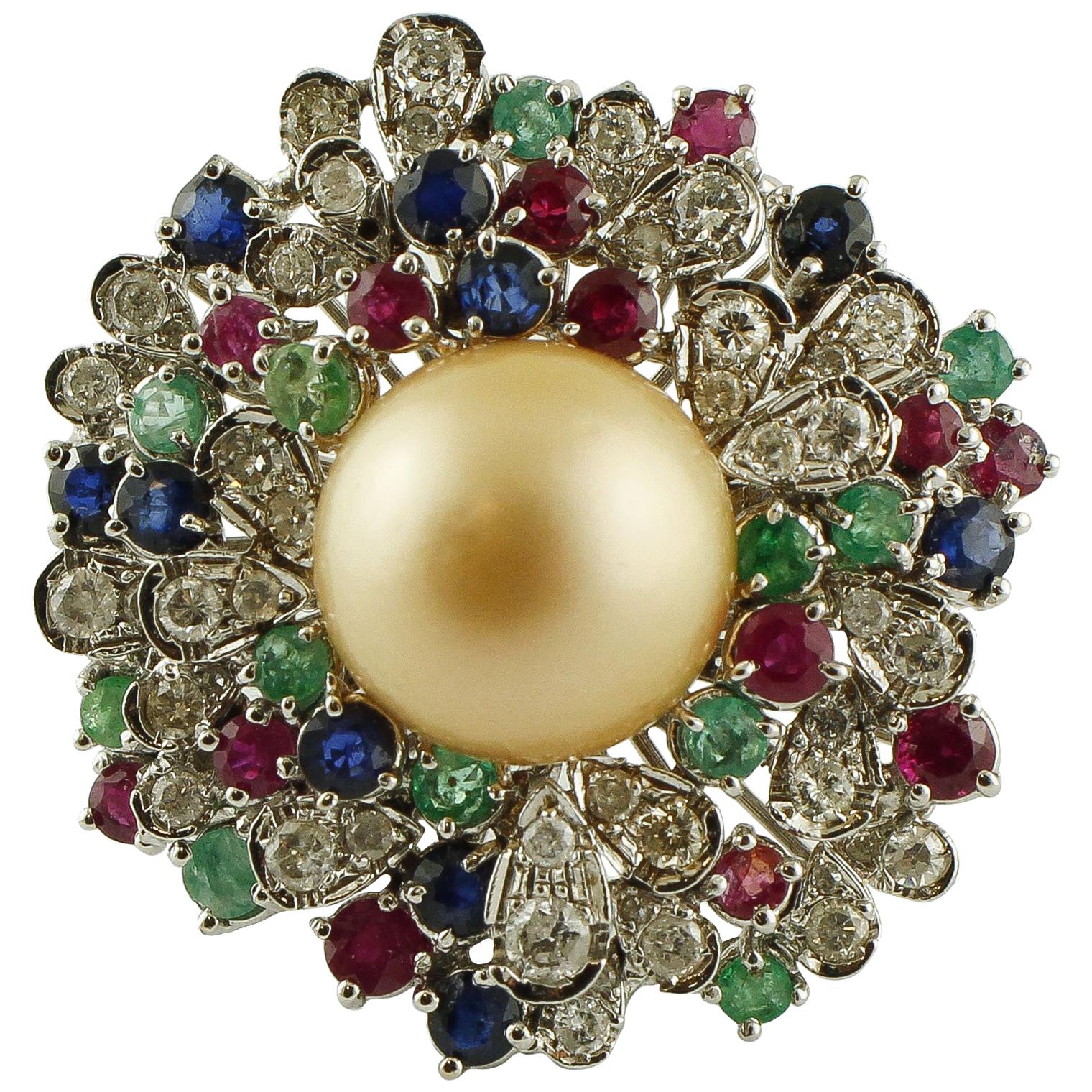 Diamonds, Emeralds, Rubies, Sapphires, Pearl 14 Karat White Gold Ring