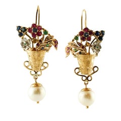 Diamonds, Emeralds, Rubies, Sapphires, Pearls, 14 Karat Gold Flower Basket Ear