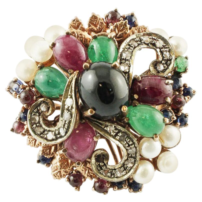 Diamonds, Emeralds, Rubies, Sapphires, Pearls, 9 Karat Gold, Silver Vintage Ring For Sale