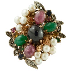 Diamonds, Emeralds, Rubies, Sapphires, Pearls, 9 Karat Rose Gold and Silver Ring