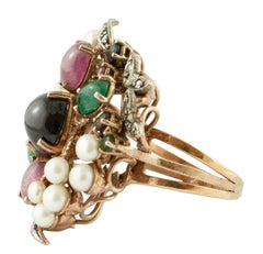 Diamonds, Emeralds, Rubies, Sapphires, Pearls, 9 Karat Rose Gold and Silver Ring