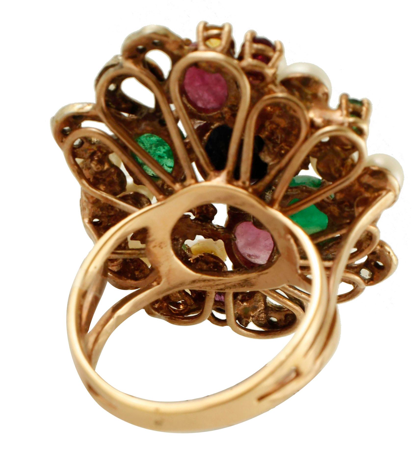 Retro Diamonds, Emeralds, Rubies, Sapphires, Pearls, 9 Karat Rose Gold and Silver Ring For Sale