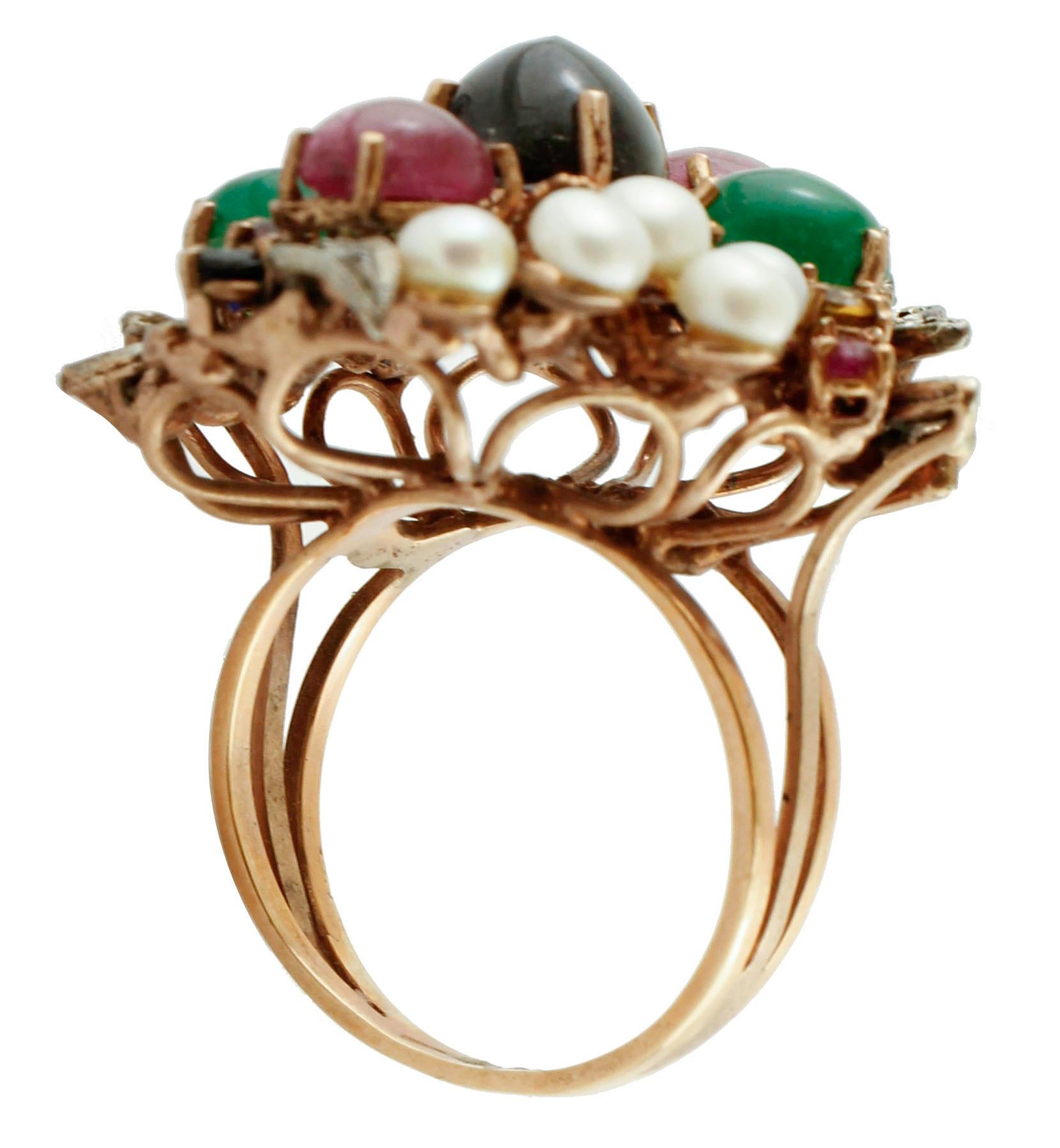 Diamonds, Emeralds, Rubies, Sapphires, Pearls, 9 Karat Rose Gold and Silver Ring In Excellent Condition In Marcianise, Marcianise (CE)