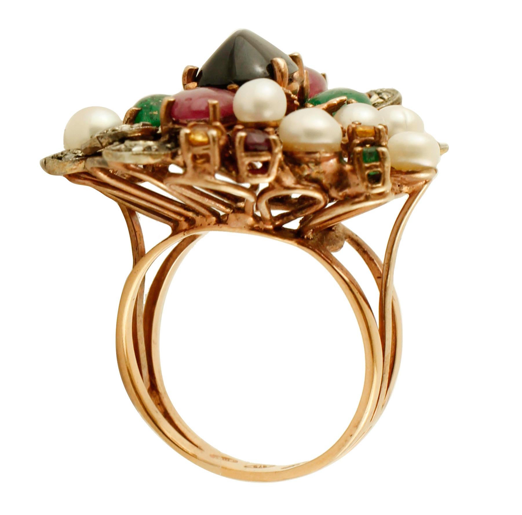 Rose Cut Diamonds, Emeralds, Rubies, Sapphires, Pearls, 9 Karat Rose Gold and Silver Ring For Sale