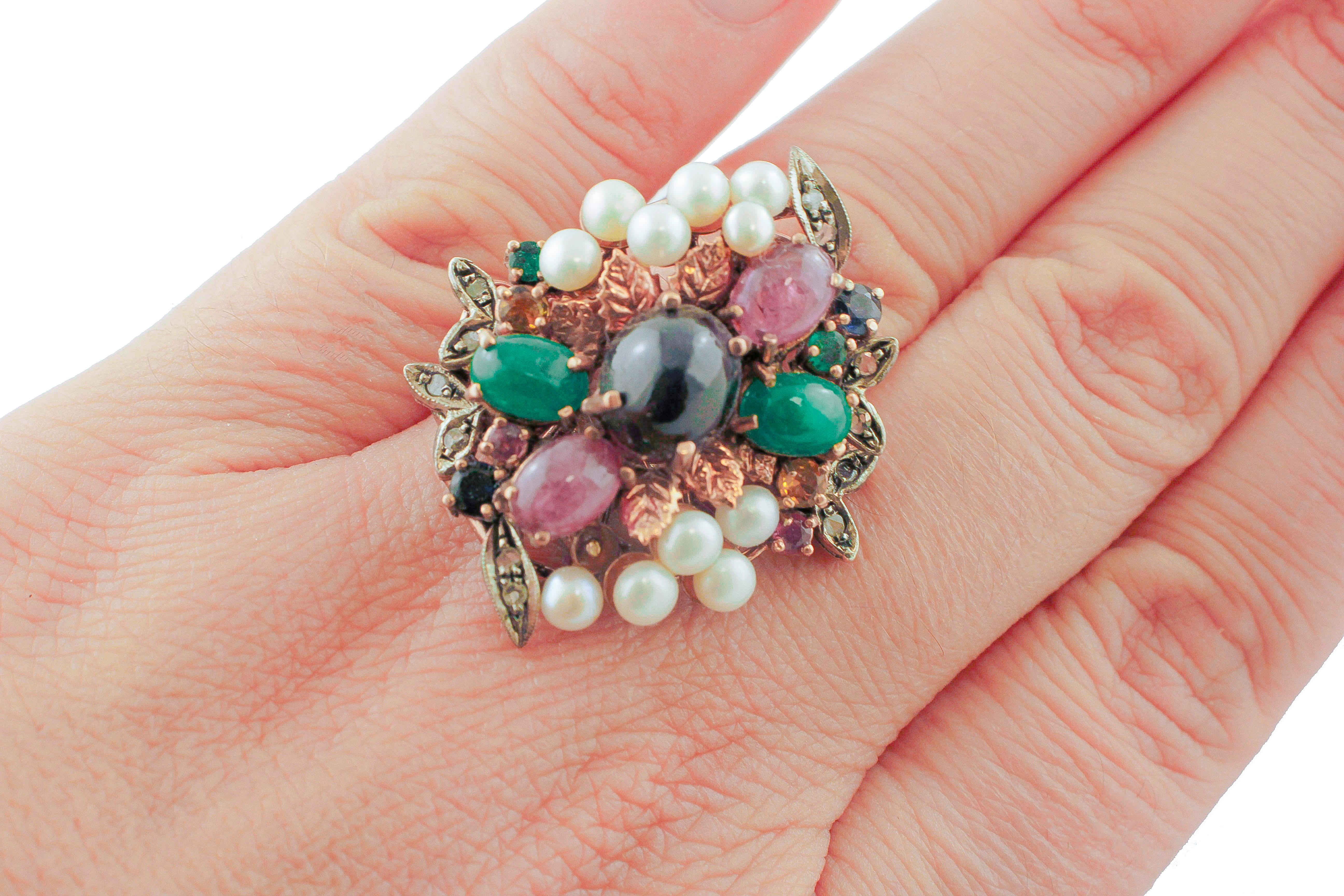 Diamonds, Emeralds, Rubies, Sapphires, Pearls, 9 Karat Rose Gold and Silver Ring 1