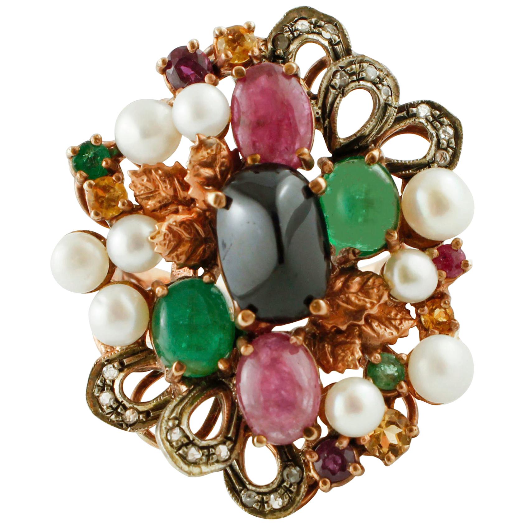 Diamonds, Emeralds, Rubies, Sapphires, Pearls, 9 Karat Rose Gold and Silver Ring For Sale