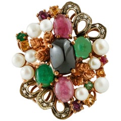 Retro Diamonds, Emeralds, Rubies, Sapphires, Pearls, 9 Karat Rose Gold and Silver Ring