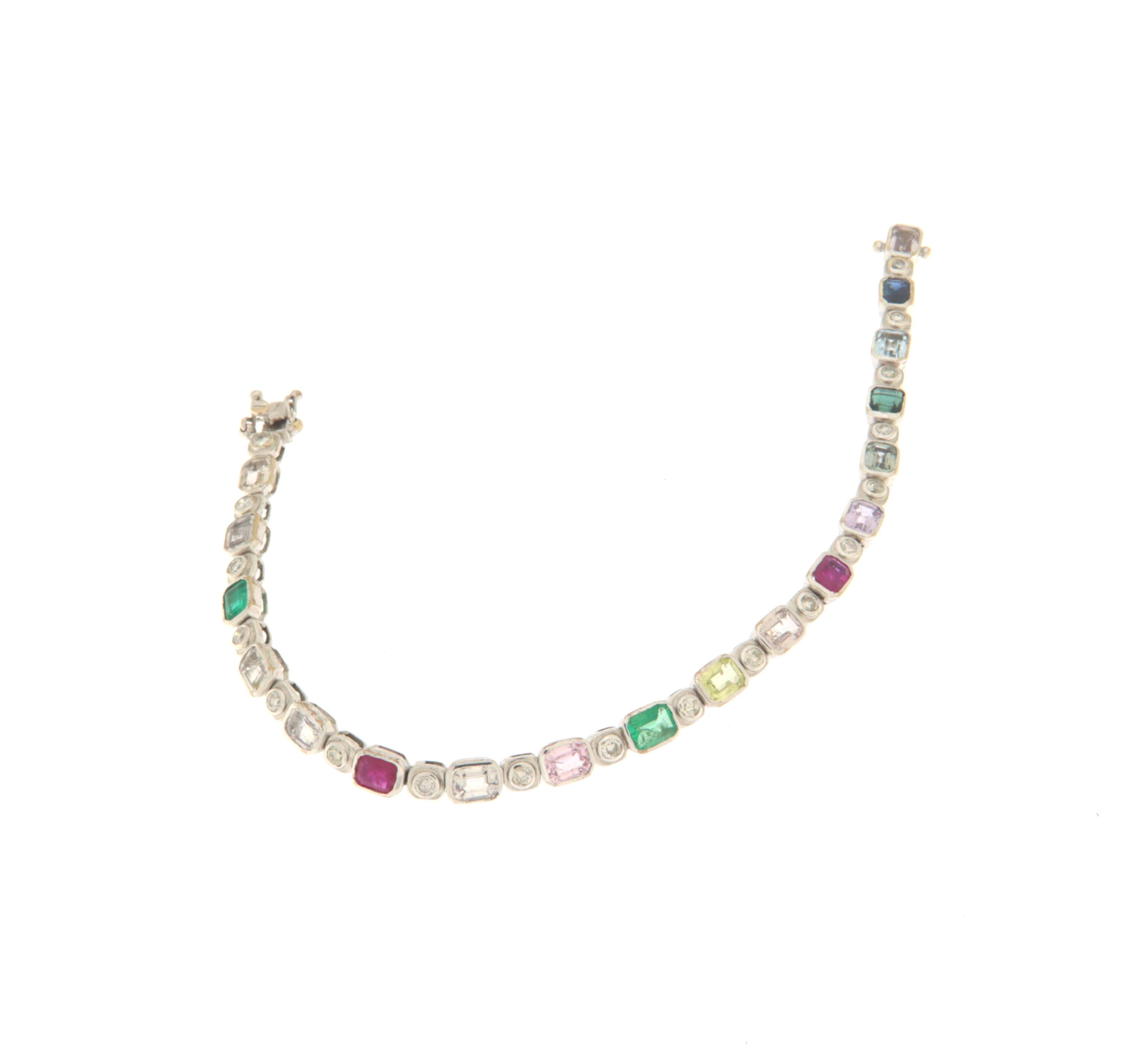 Mixed Cut Diamonds Emeralds Rubies Sapphires White Gold 18 Karat Tennis Bracelet For Sale