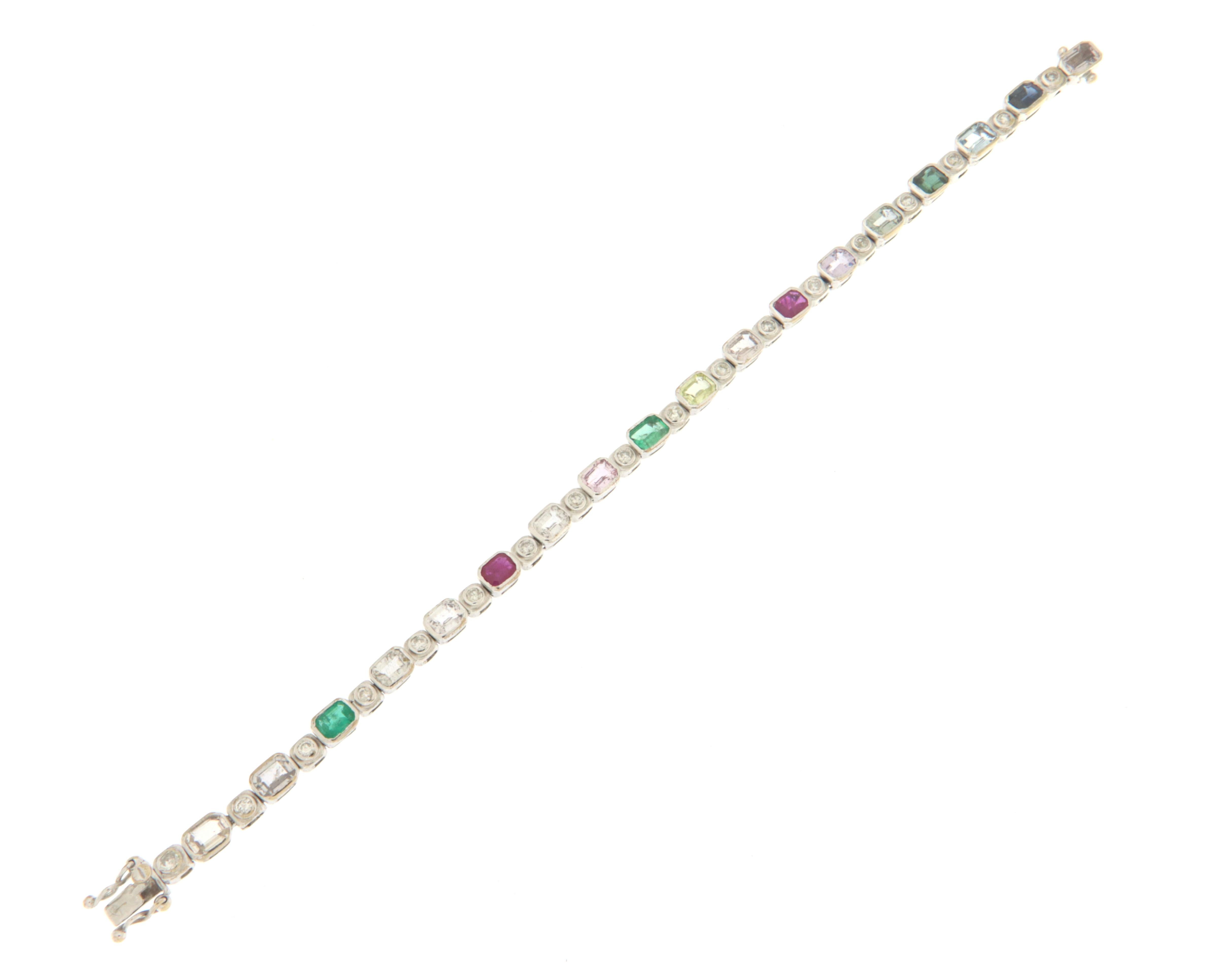 Diamonds Emeralds Rubies Sapphires White Gold 18 Karat Tennis Bracelet In New Condition For Sale In Marcianise, IT