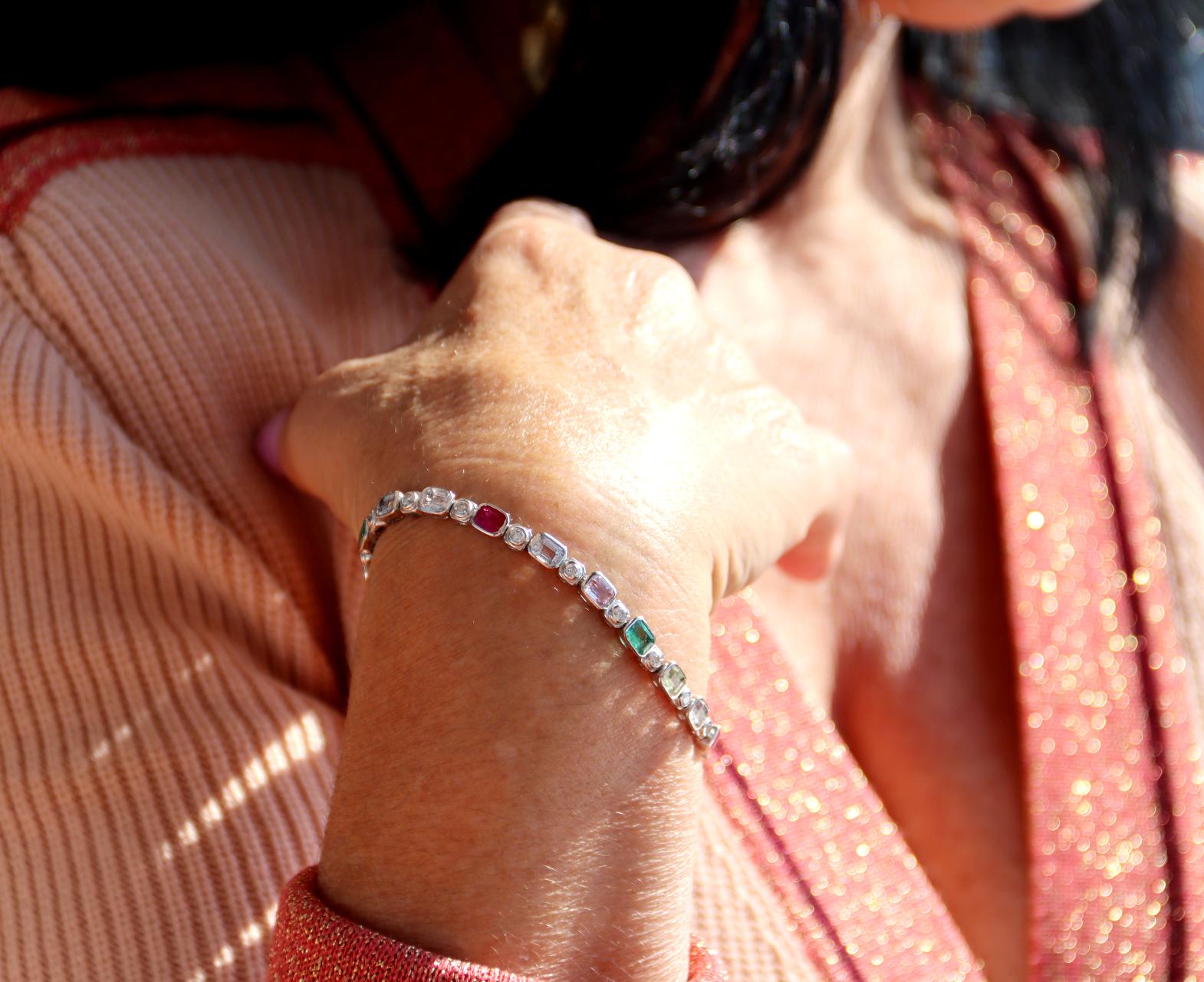 Diamonds Emeralds Rubies Sapphires White Gold 18 Karat Tennis Bracelet For Sale 2