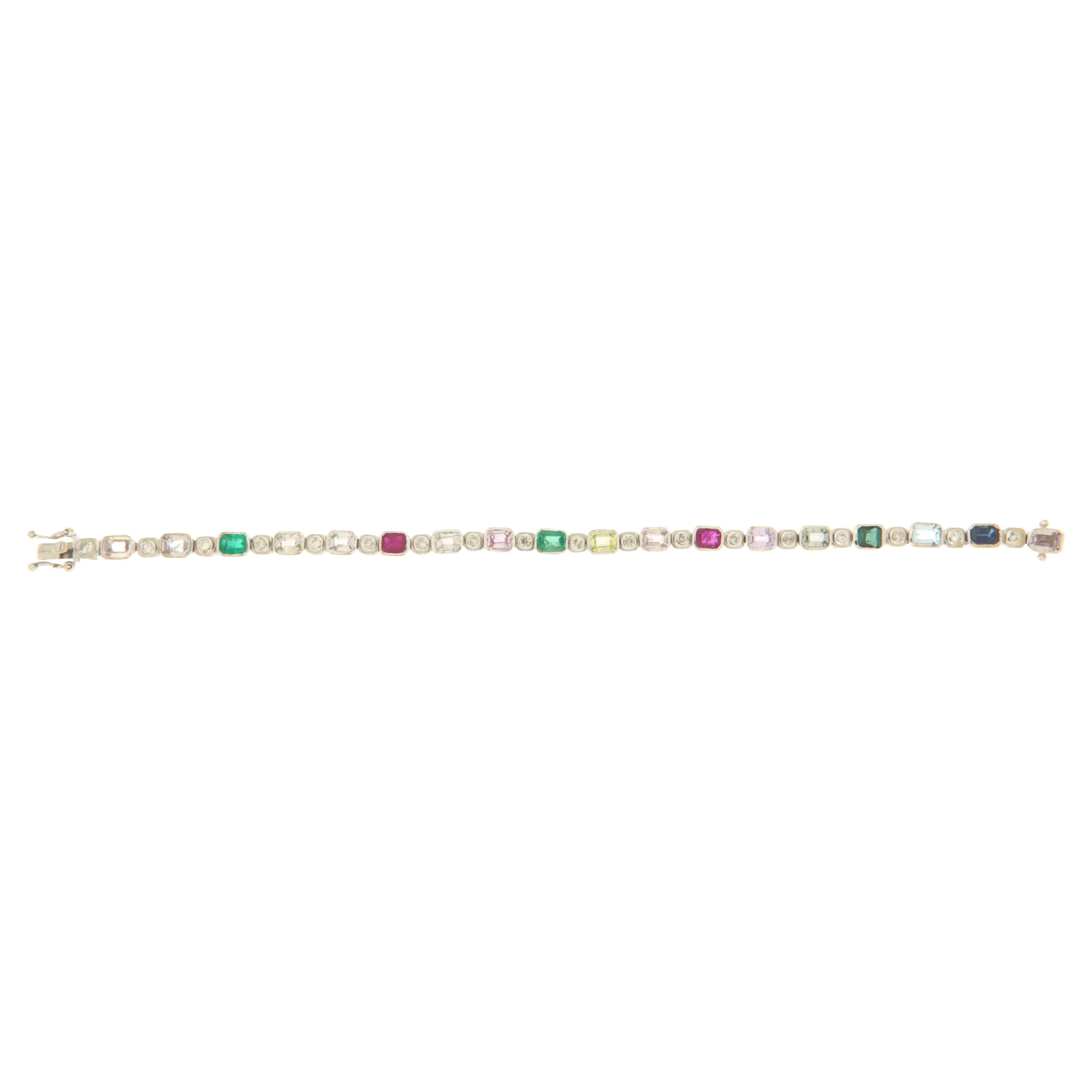 Diamonds Emeralds Rubies Sapphires White Gold 18 Karat Tennis Bracelet