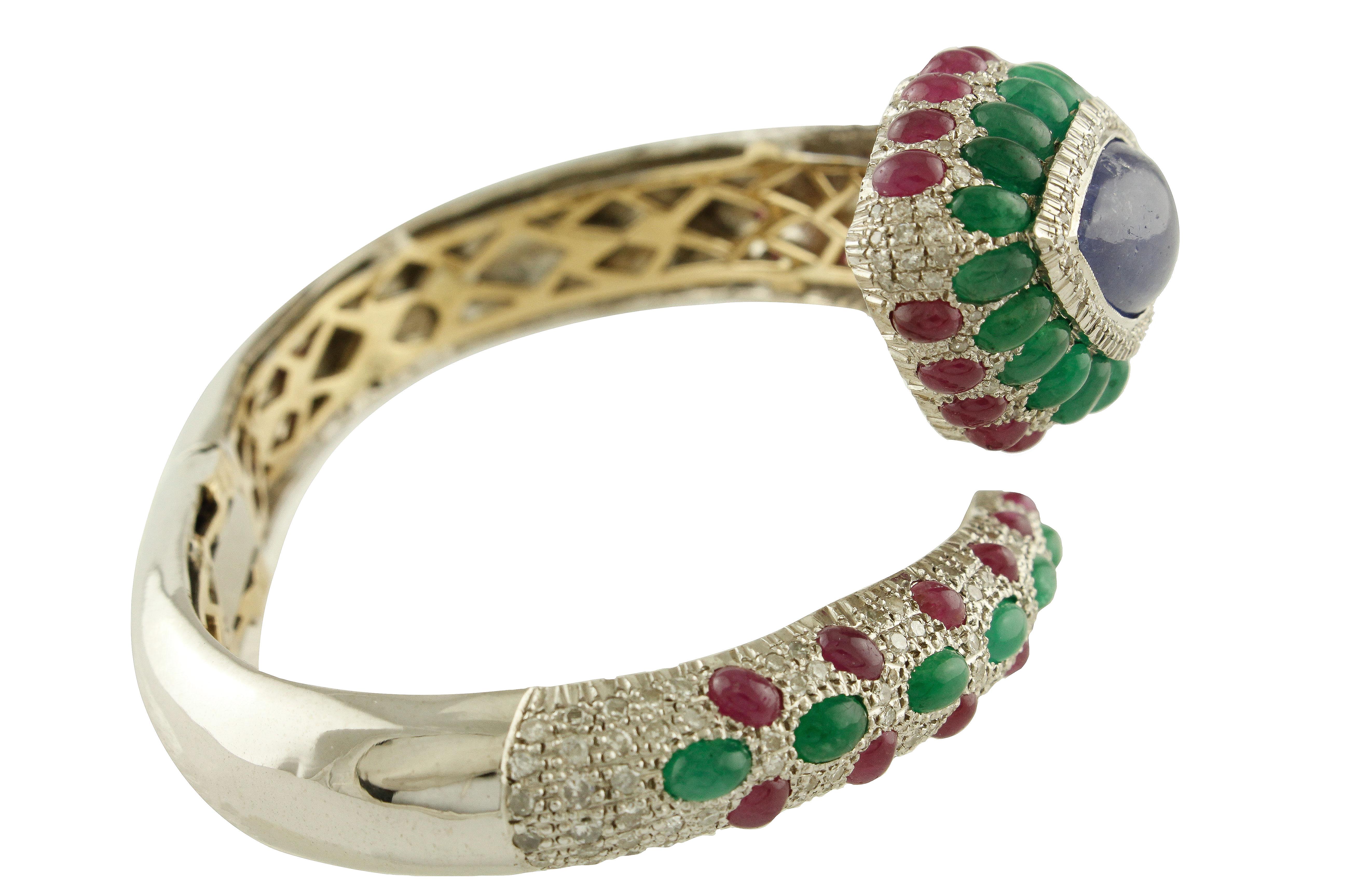 Diamonds Emeralds Rubies Tanzanites White, Rose Gold and Silver Snake Bracelet In Good Condition In Marcianise, Marcianise (CE)