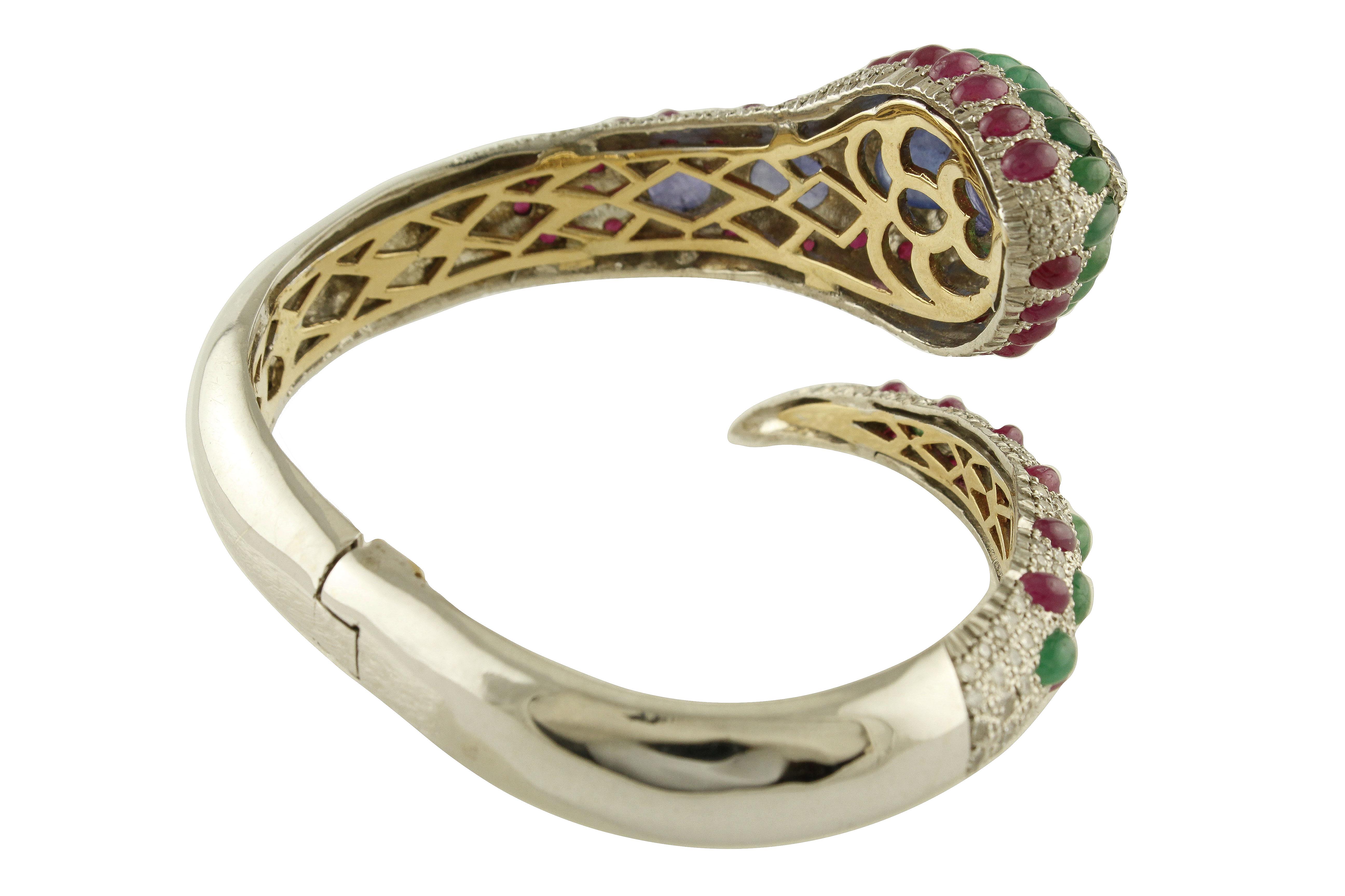 Women's Diamonds Emeralds Rubies Tanzanites White, Rose Gold and Silver Snake Bracelet