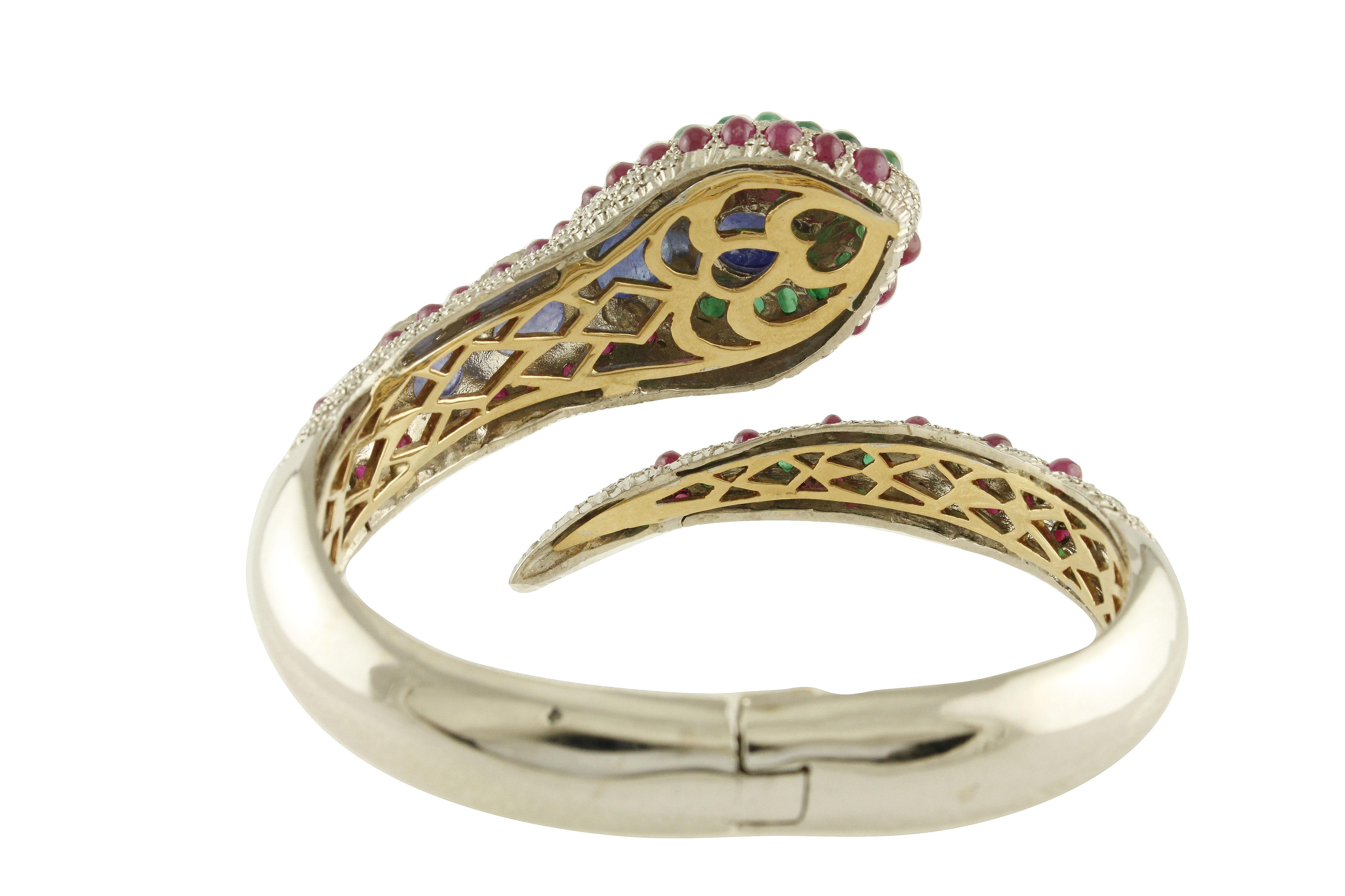 Diamonds Emeralds Rubies Tanzanites White, Rose Gold and Silver Snake Bracelet 1