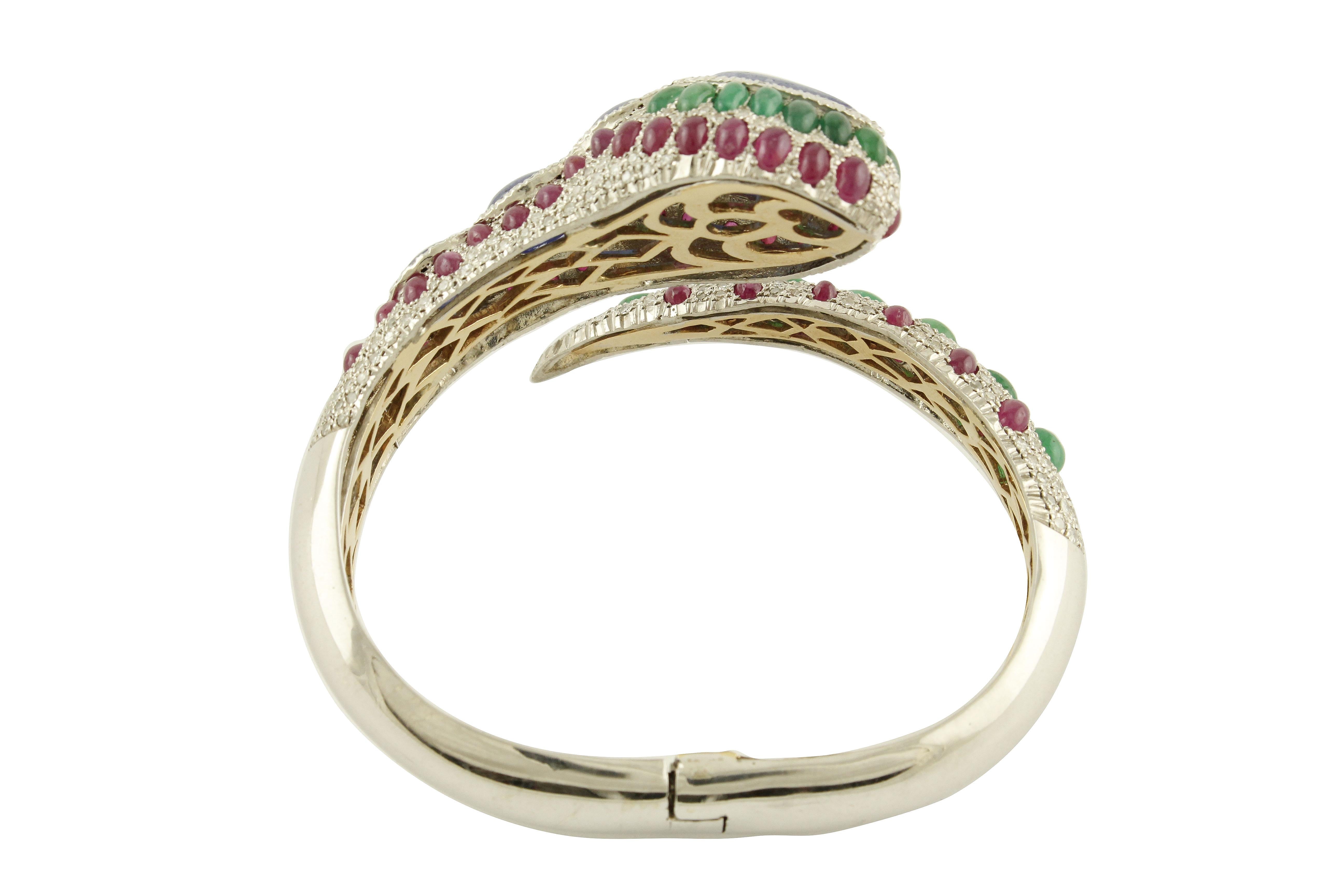 Diamonds Emeralds Rubies Tanzanites White, Rose Gold and Silver Snake Bracelet 2