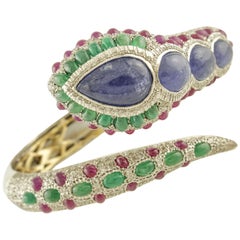 Vintage Diamonds Emeralds Rubies Tanzanites White, Rose Gold and Silver Snake Bracelet