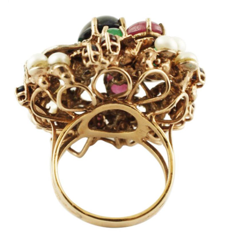 Diamonds, Emeralds, Rubies, Sapphires, Pearls, 9 Karat Gold, Silver Vintage Ring Retro