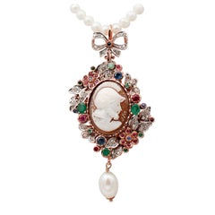 Vintage Diamonds, Emeralds, Rubies, Sapphires, Pearls, Cameo, 14Kt  Gold and Silver Necklace