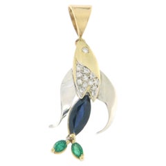 Elegant 18K Gold Fish Pendant with Diamonds, Sapphires, and Emeralds