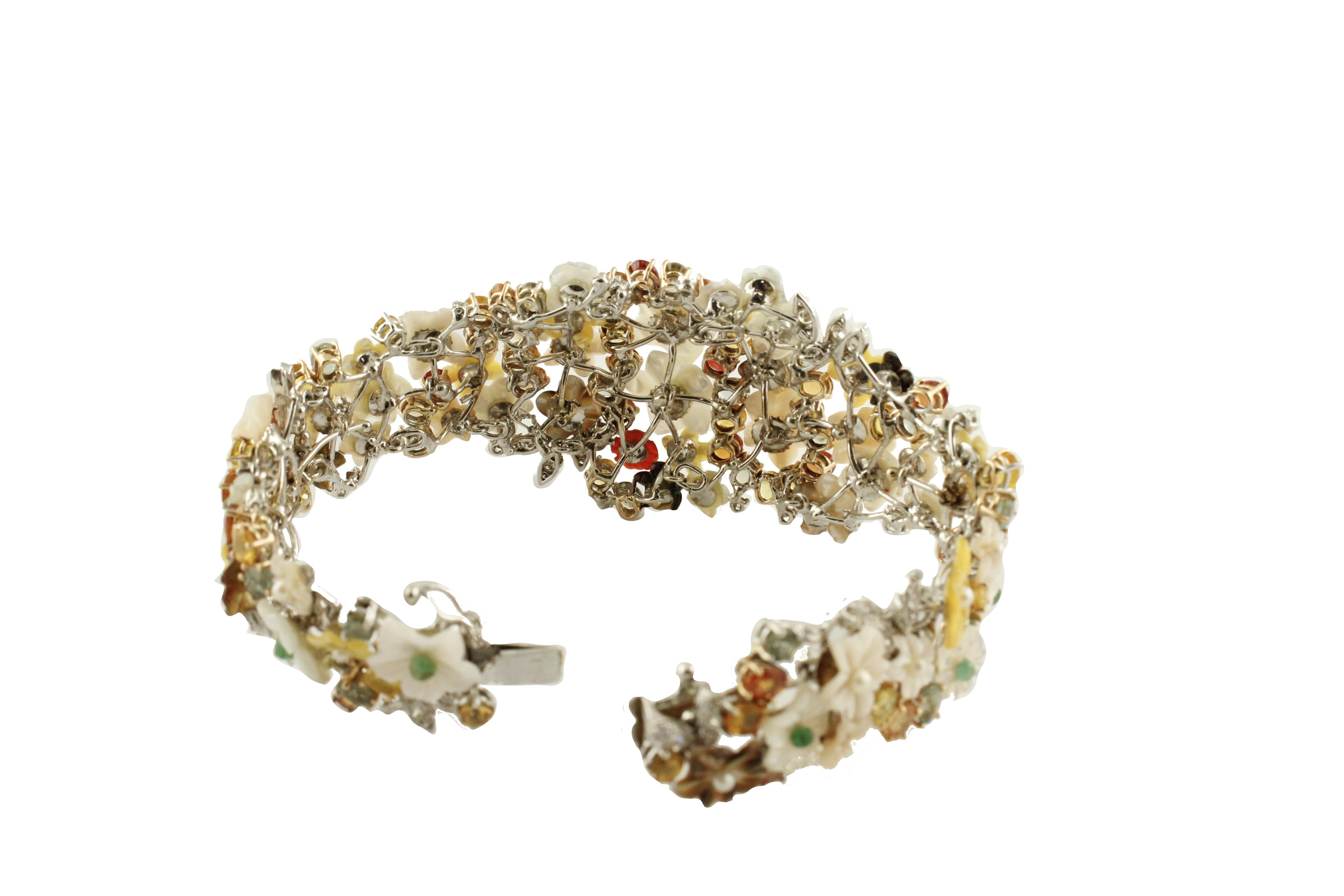 Brilliant Cut Diamonds Emeralds Sapphires  Stones Carnelian Little Pearls Bracelet For Sale