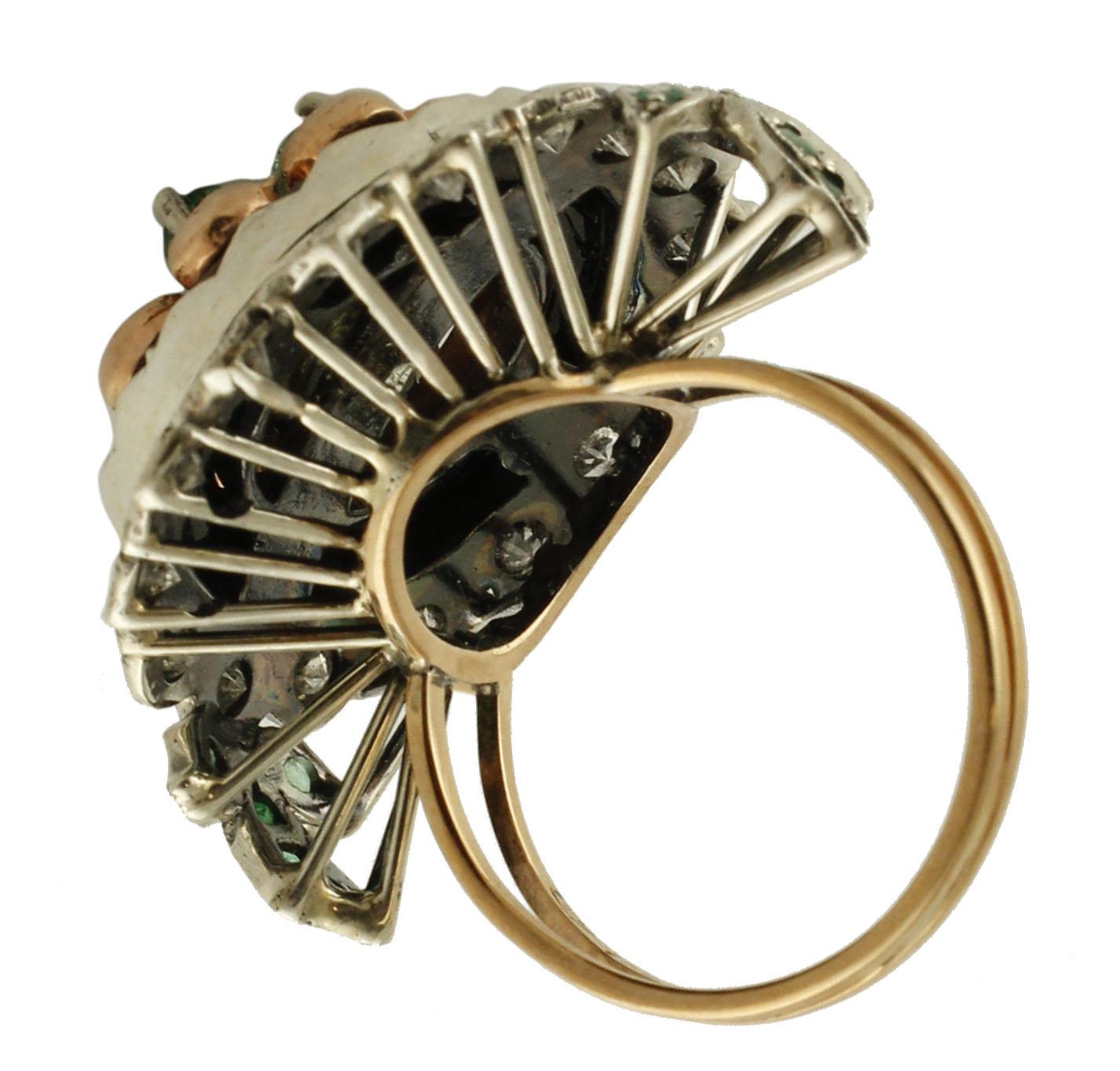 Retro Diamonds Emeralds Sapphires Onyx Rose Gold and Silver Cocktail Ring