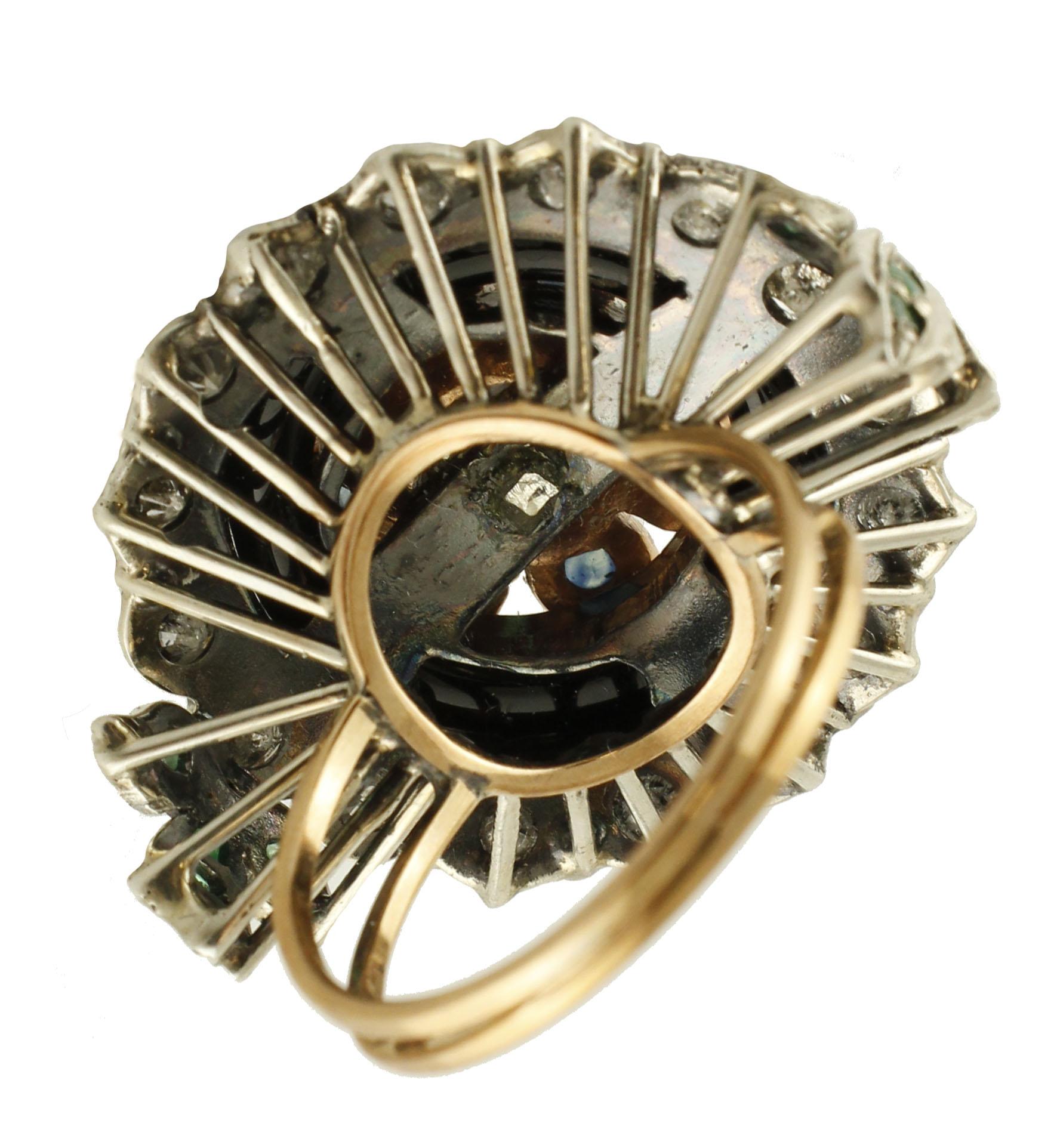 Mixed Cut Diamonds Emeralds Sapphires Onyx Rose Gold and Silver Cocktail Ring