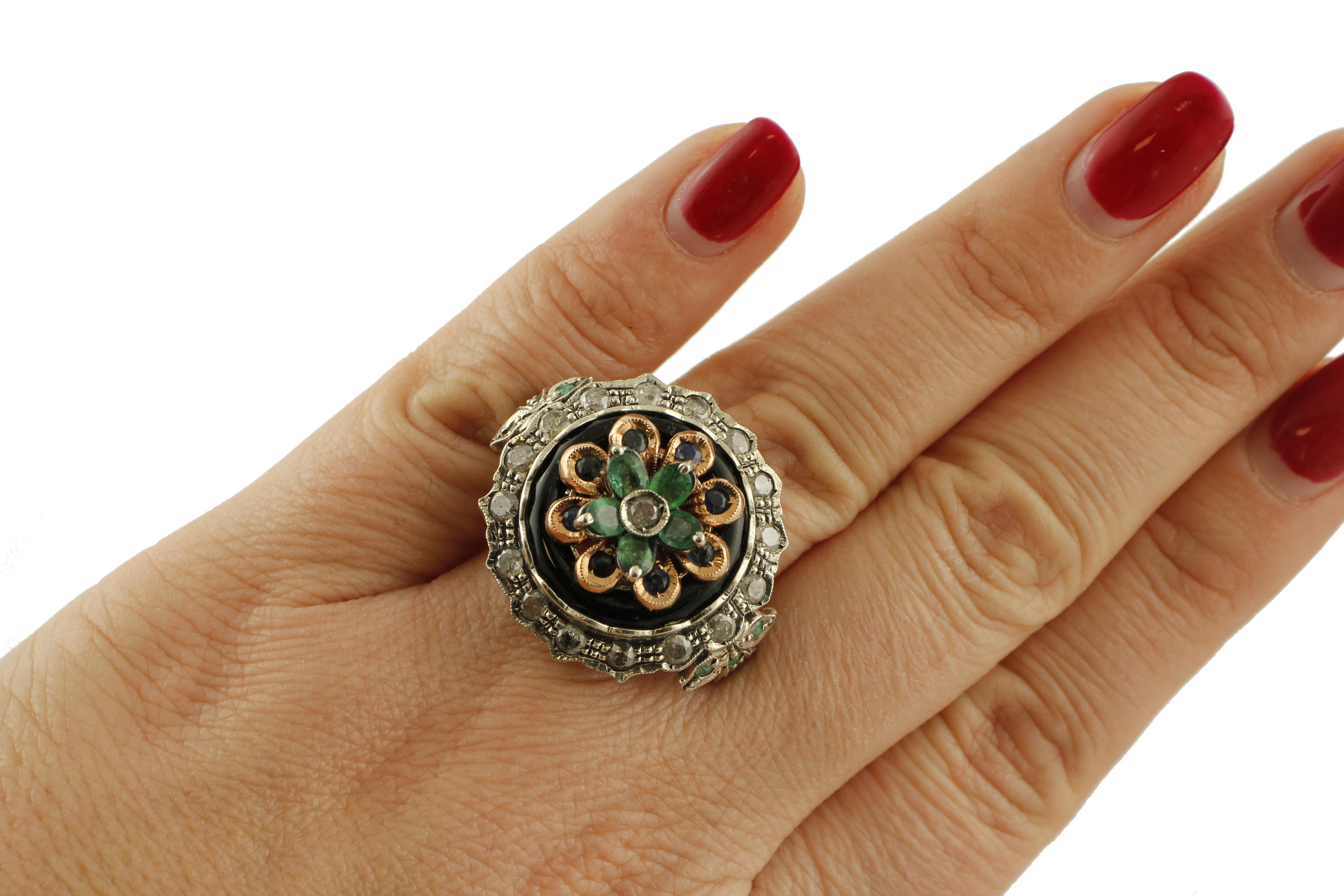 Women's Diamonds Emeralds Sapphires Onyx Rose Gold and Silver Cocktail Ring