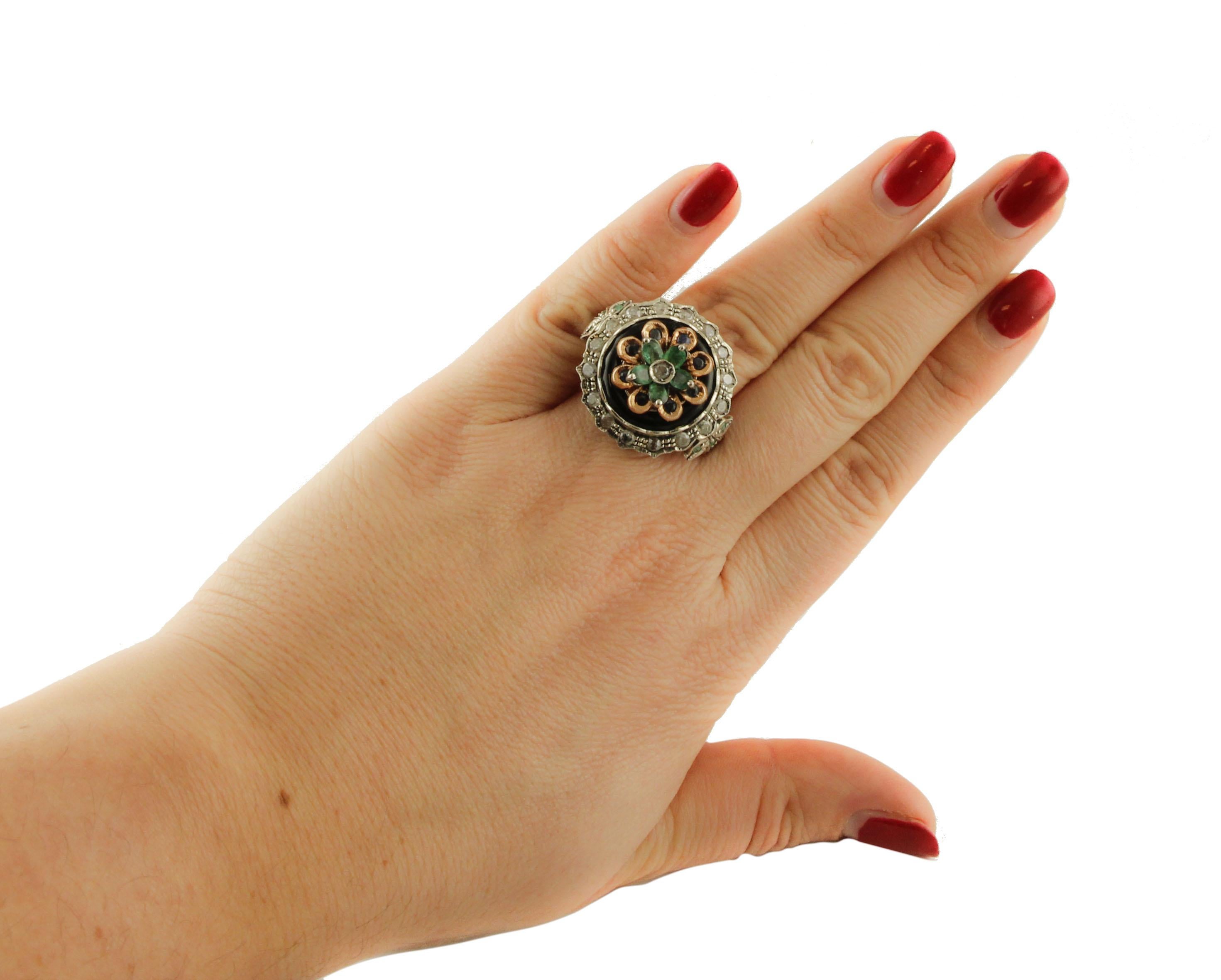 Women's Diamonds Emeralds Sapphires Onyx Rose Gold and Silver Cocktail Ring