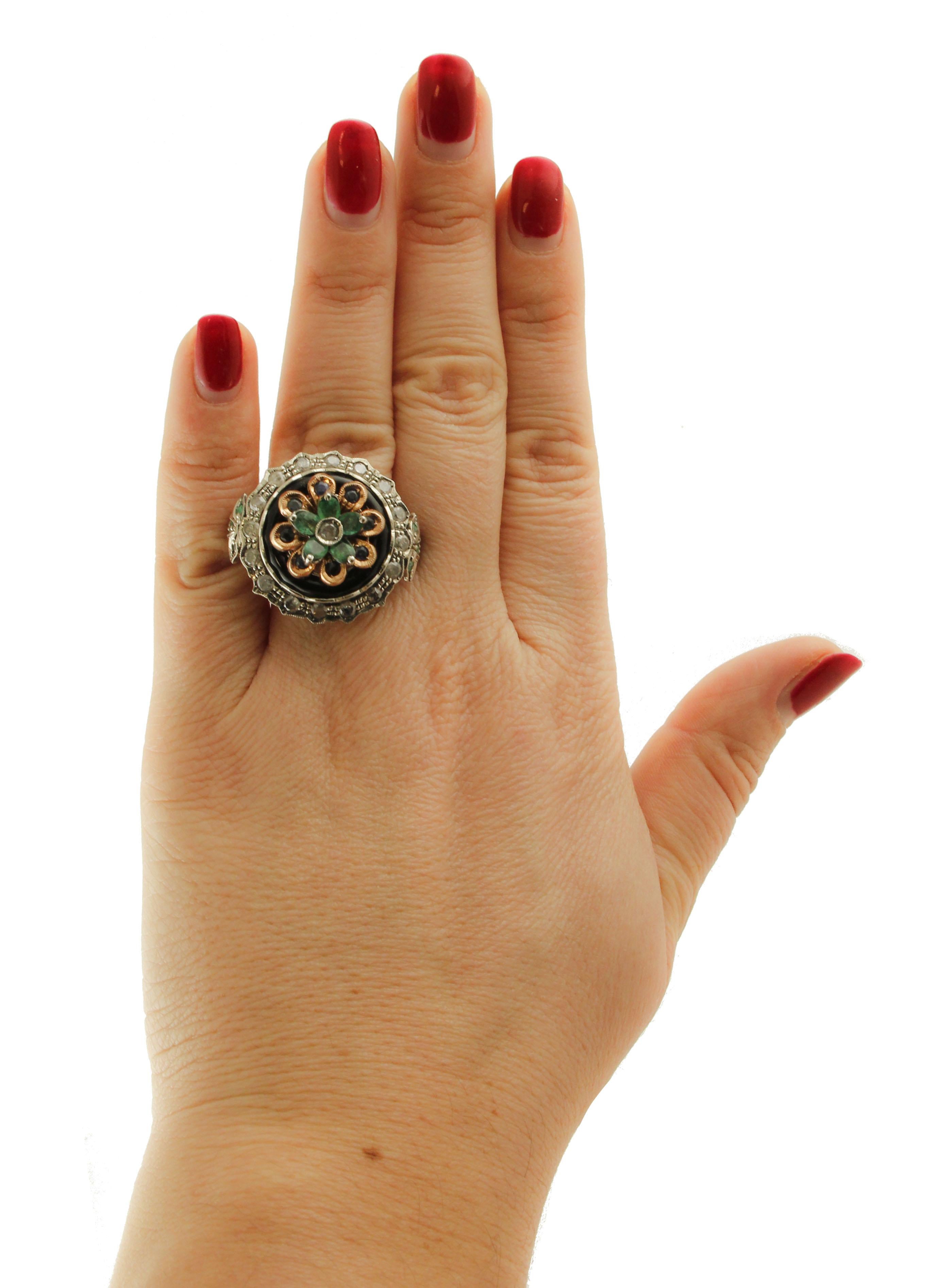Diamonds Emeralds Sapphires Onyx Rose Gold and Silver Cocktail Ring 1