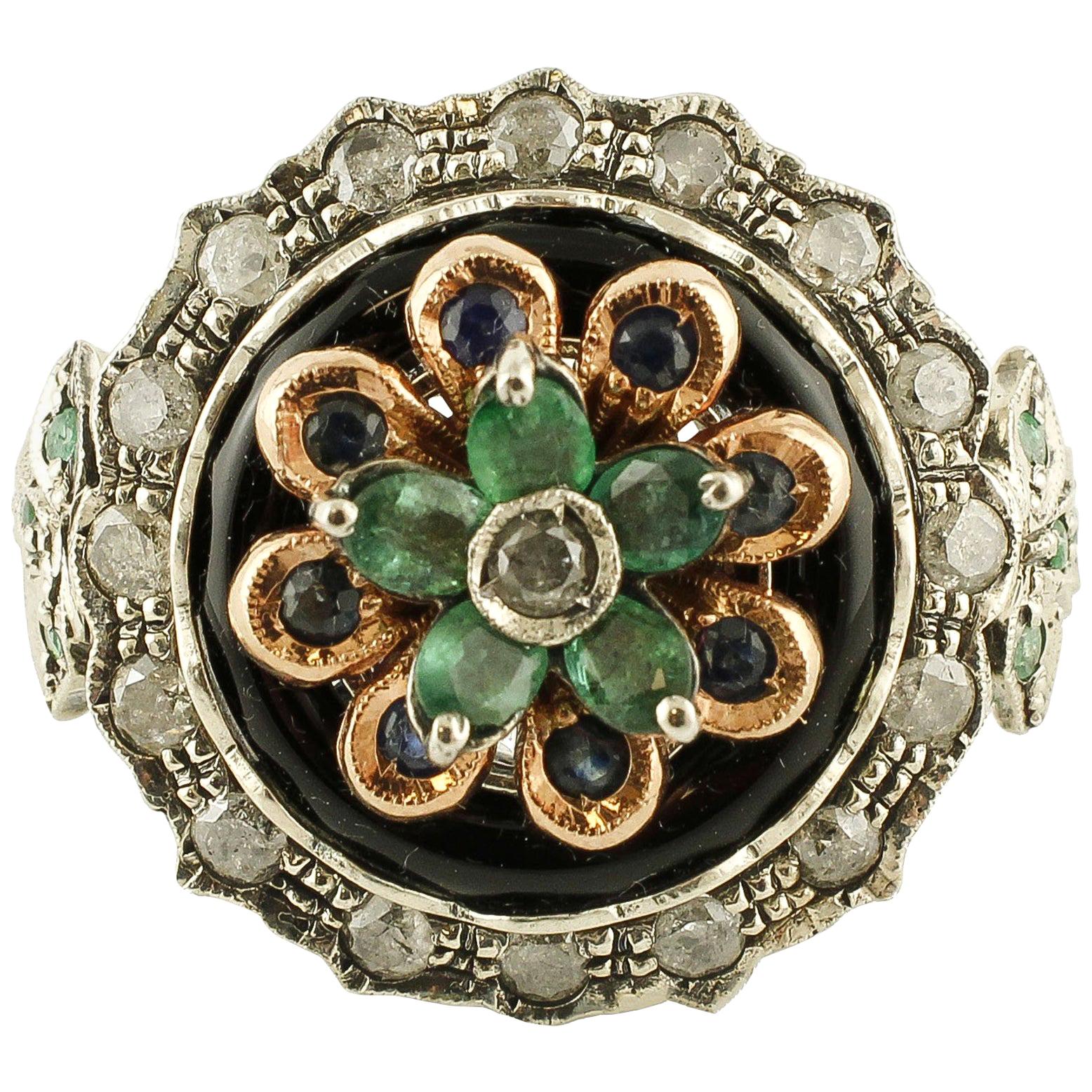 Diamonds Emeralds Sapphires Onyx Rose Gold and Silver Cocktail Ring For Sale