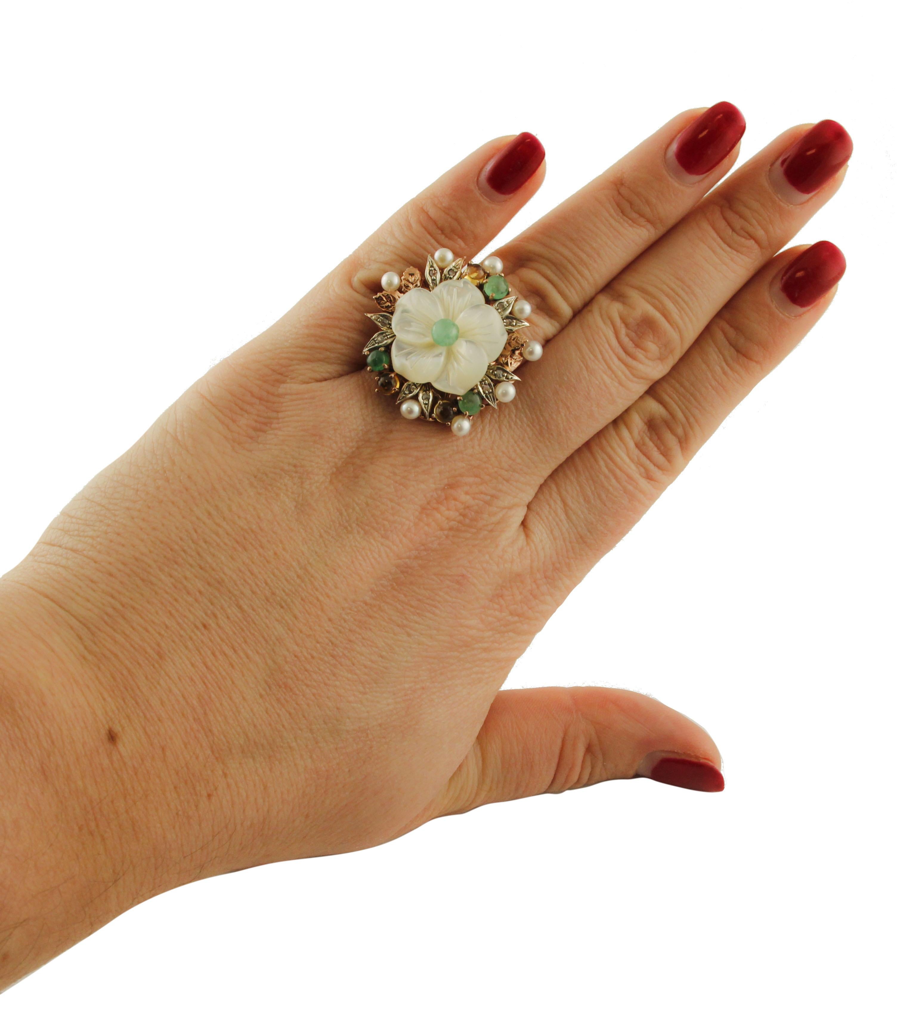 Retro Diamonds Emeralds Sapphires Pearls Mother-of-Pearl Rose Gold and Silver Ring