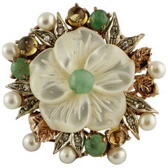 Diamonds Emeralds Sapphires Pearls Mother-of-Pearl Rose Gold and Silver Ring