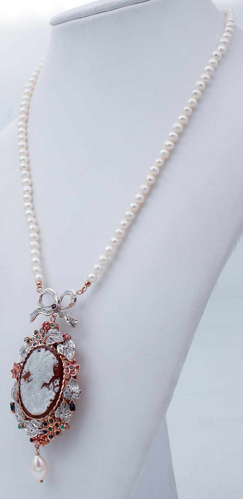 Retro Diamonds Emeralds Sapphires Rubies, Pearls, Cameo, 14kt Gold and Silver Necklace