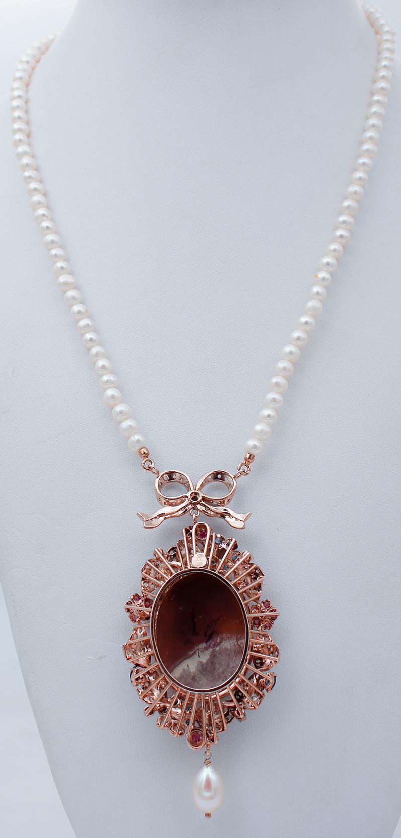 Mixed Cut Diamonds Emeralds Sapphires Rubies, Pearls, Cameo, 14kt Gold and Silver Necklace