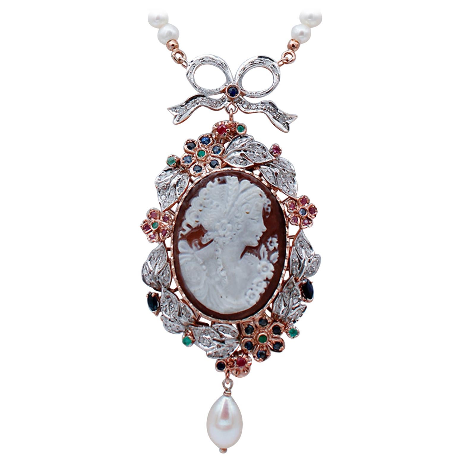 Diamonds Emeralds Sapphires Rubies, Pearls, Cameo, 14kt Gold and Silver Necklace