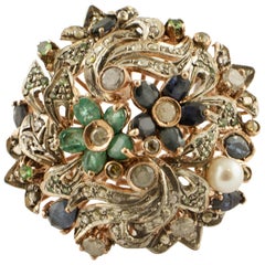 Diamonds, Emeralds, Sapphires, Tsavorites, Pearls, 9 Karat Gold and Silver Ring