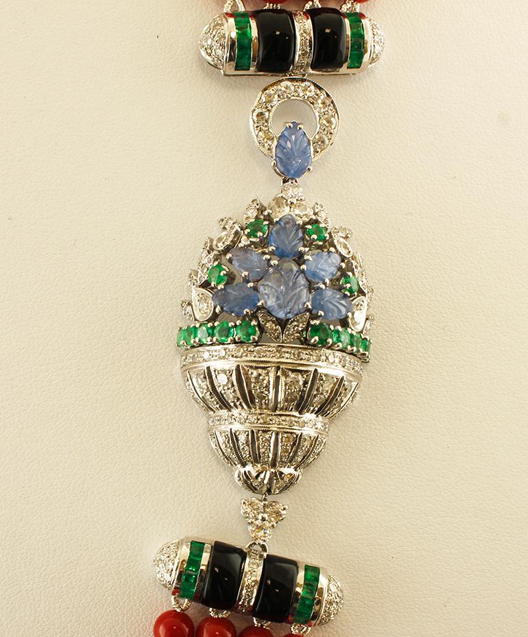 Diamonds, Emeralds, Sapphires, Italian Coral, Onyx, 14 Karat White Gold Necklace In Good Condition In Marcianise, Marcianise (CE)