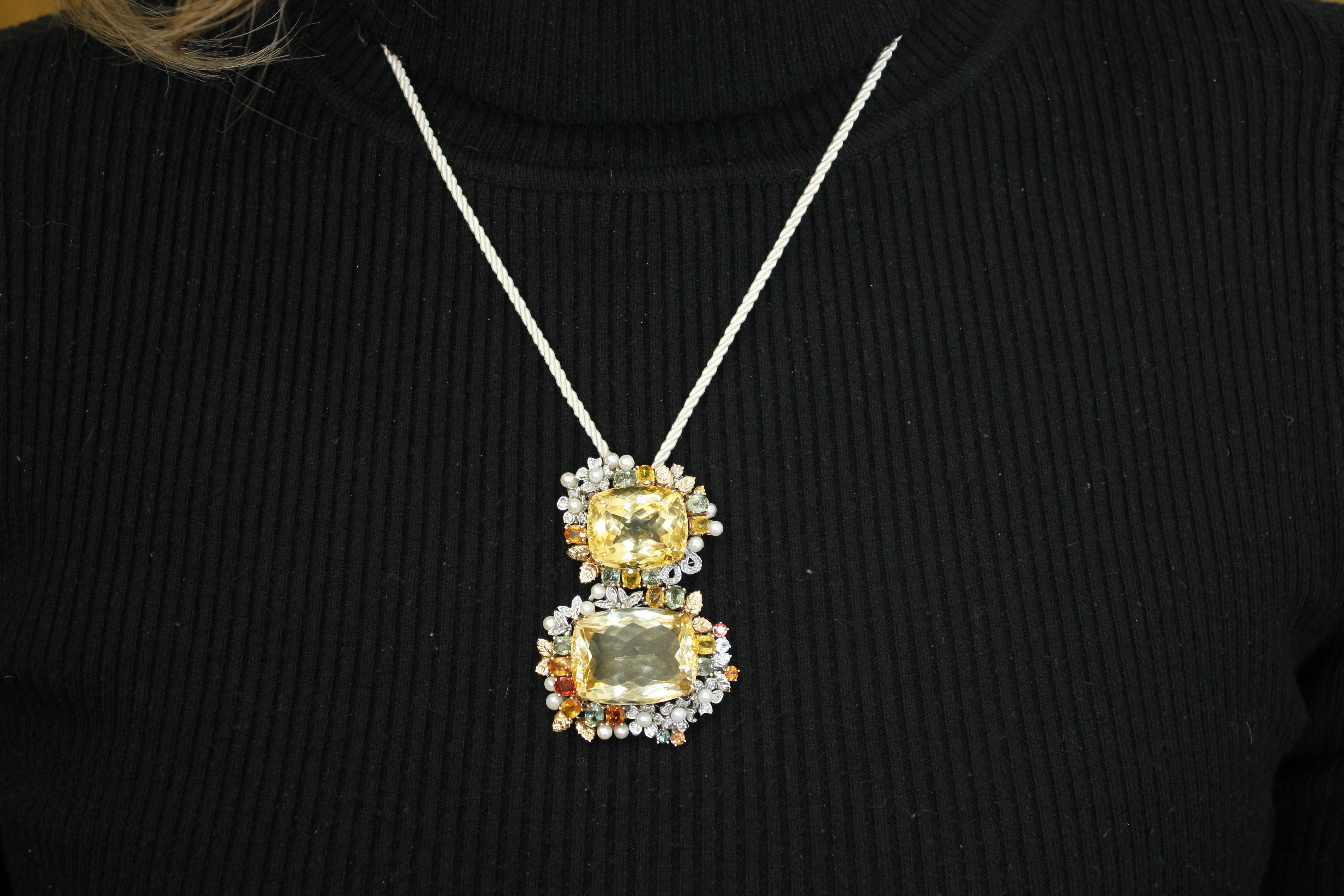 Diamonds, Emeralds, Sapphires, Pearls, 14 Karat Gold, Double Citrine Pendant 1
