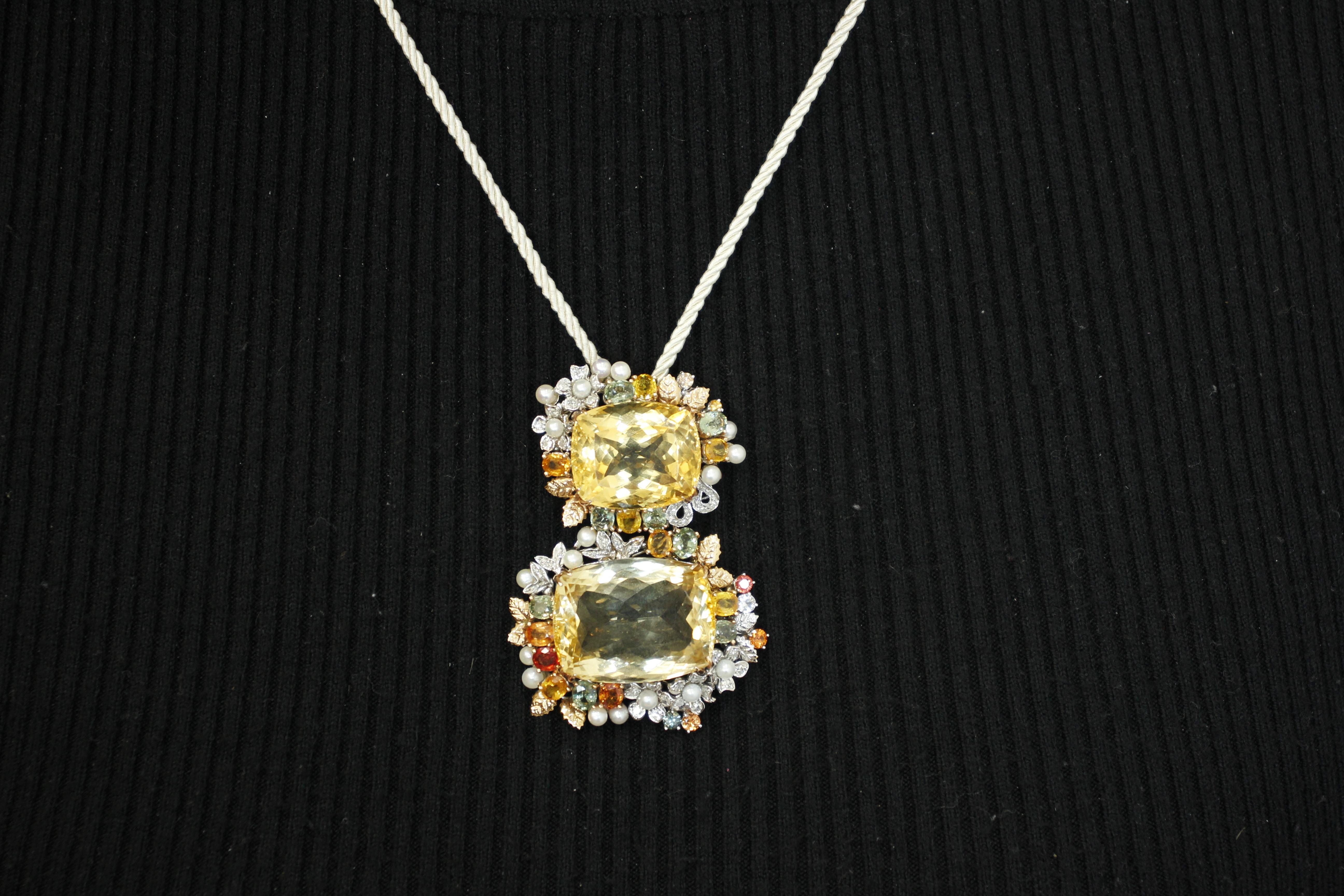 Diamonds, Emeralds, Sapphires, Pearls, 14 Karat Gold, Double Citrine Pendant 2