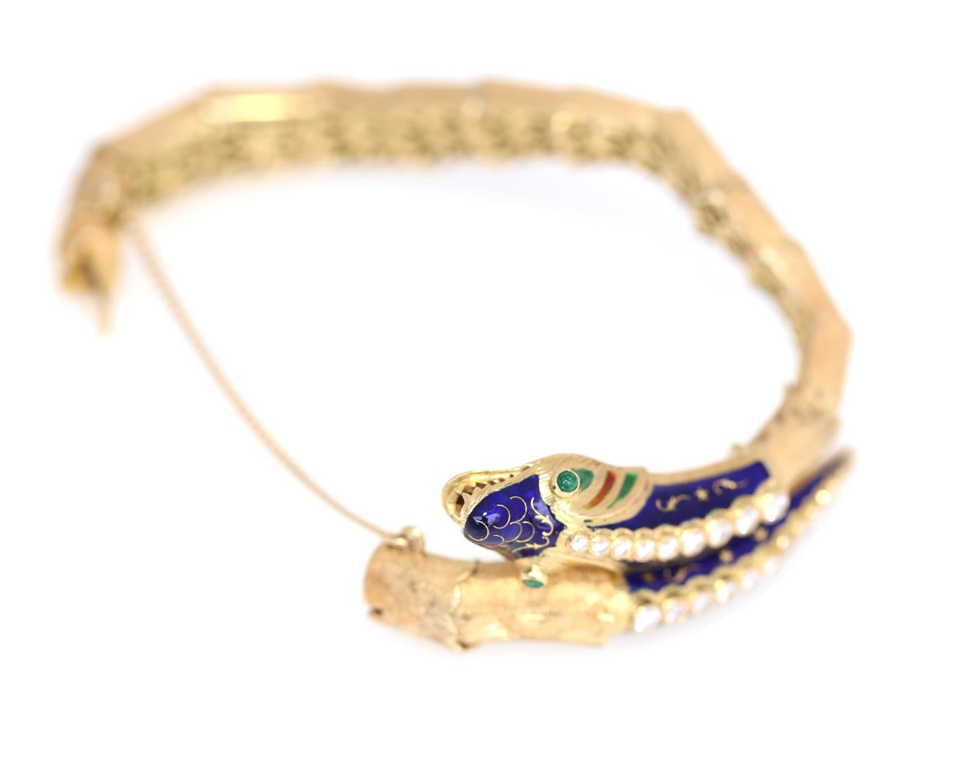 Round Cut Diamonds Emeralds Snake Dragon Blue Enamel Flexible Bracelet 18K Gold, 1970
