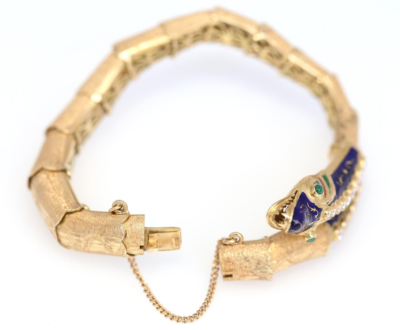 Diamonds Emeralds Snake Dragon Blue Enamel Flexible Bracelet 18K Gold, 1970 In Good Condition In Herzelia, Tel Aviv
