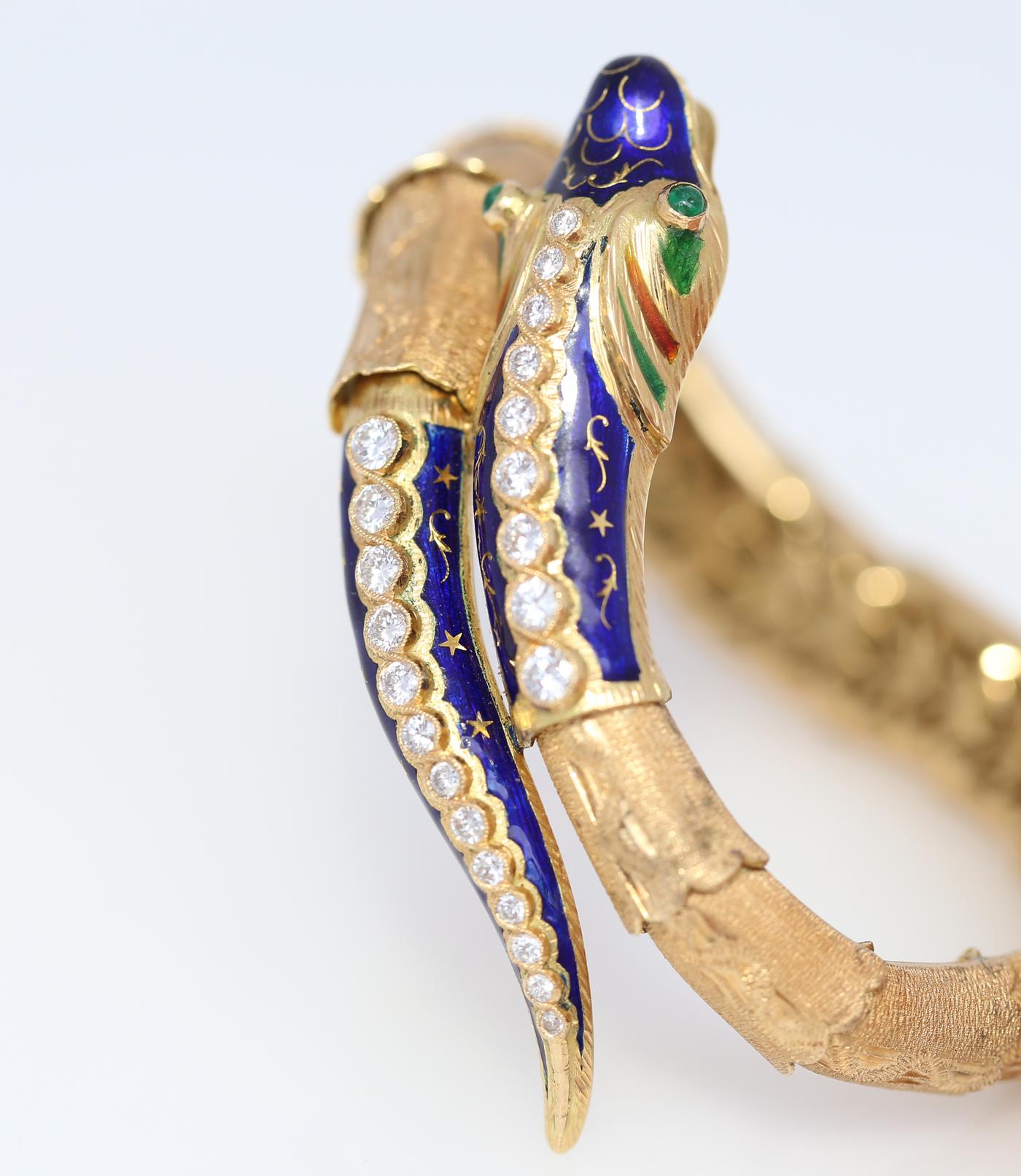 Women's Diamonds Emeralds Snake Dragon Blue Enamel Flexible Bracelet 18K Gold, 1970