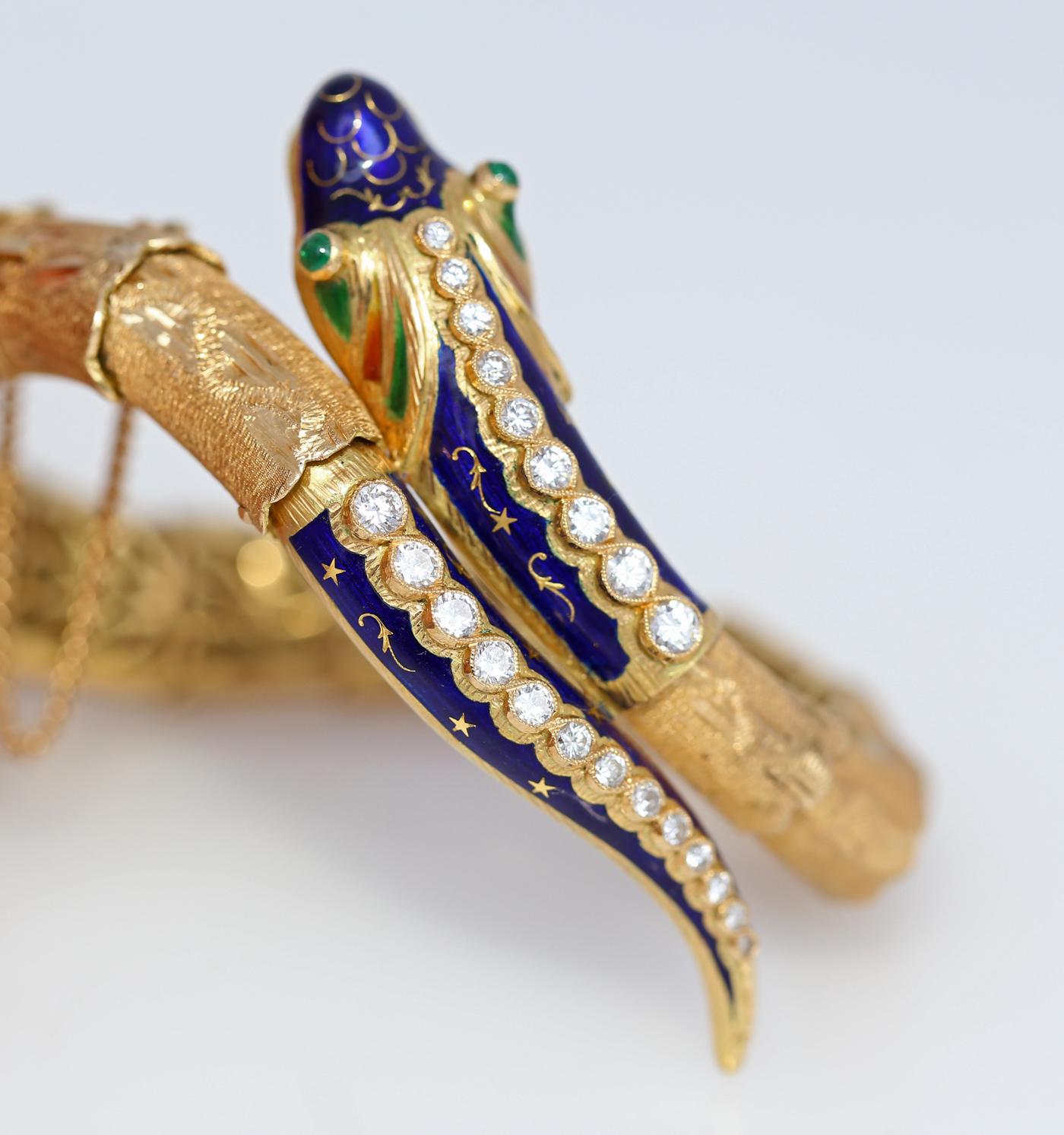 Diamonds Emeralds Snake Dragon Blue Enamel Flexible Bracelet 18K Gold, 1970 2