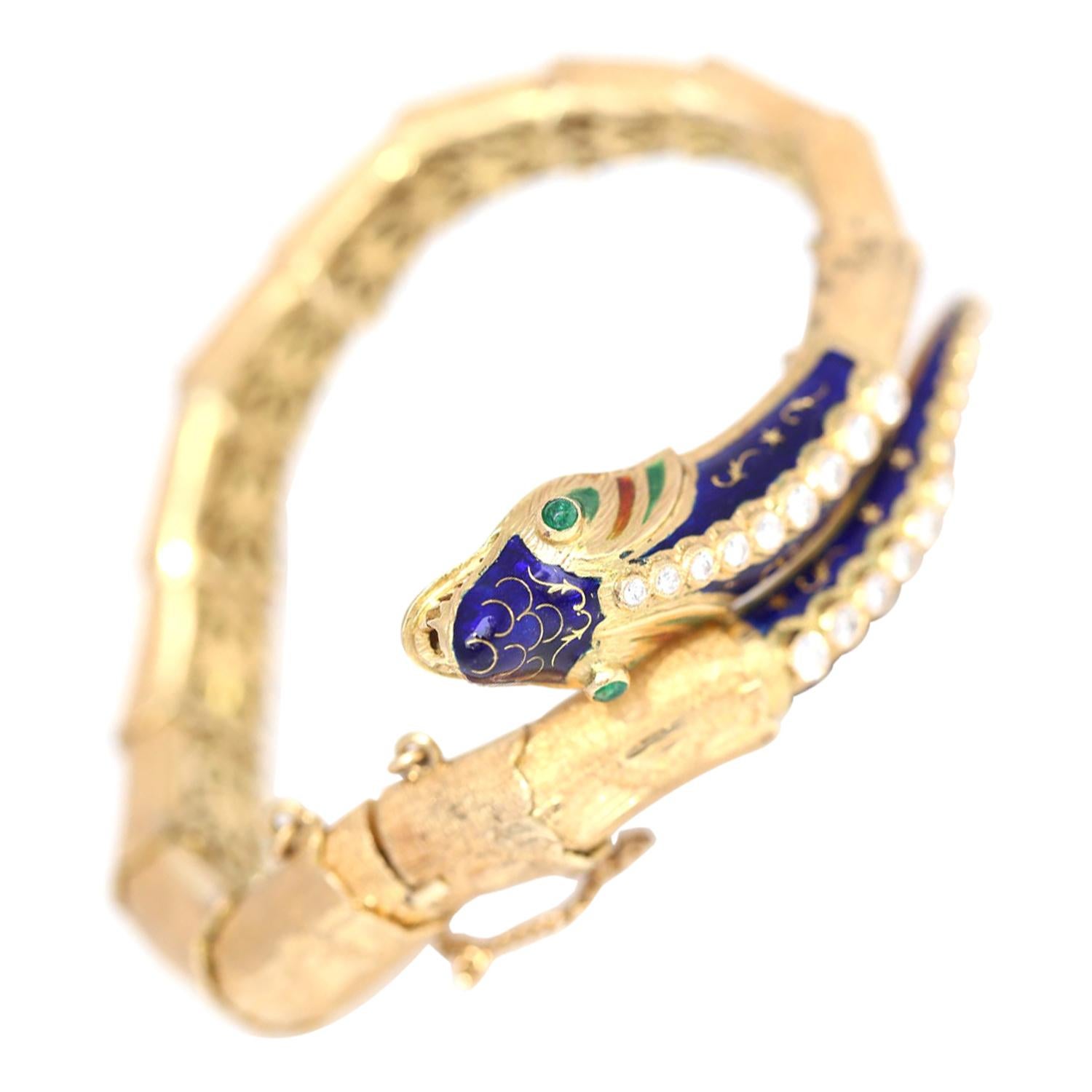 Diamonds Emeralds Snake Dragon Blue Enamel Flexible Bracelet 18K Gold, 1970