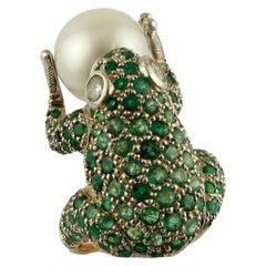 Vintage Diamonds, Emeralds, South Sea Pearl, 14 Karat Rose Gold and Silver Frog Ring