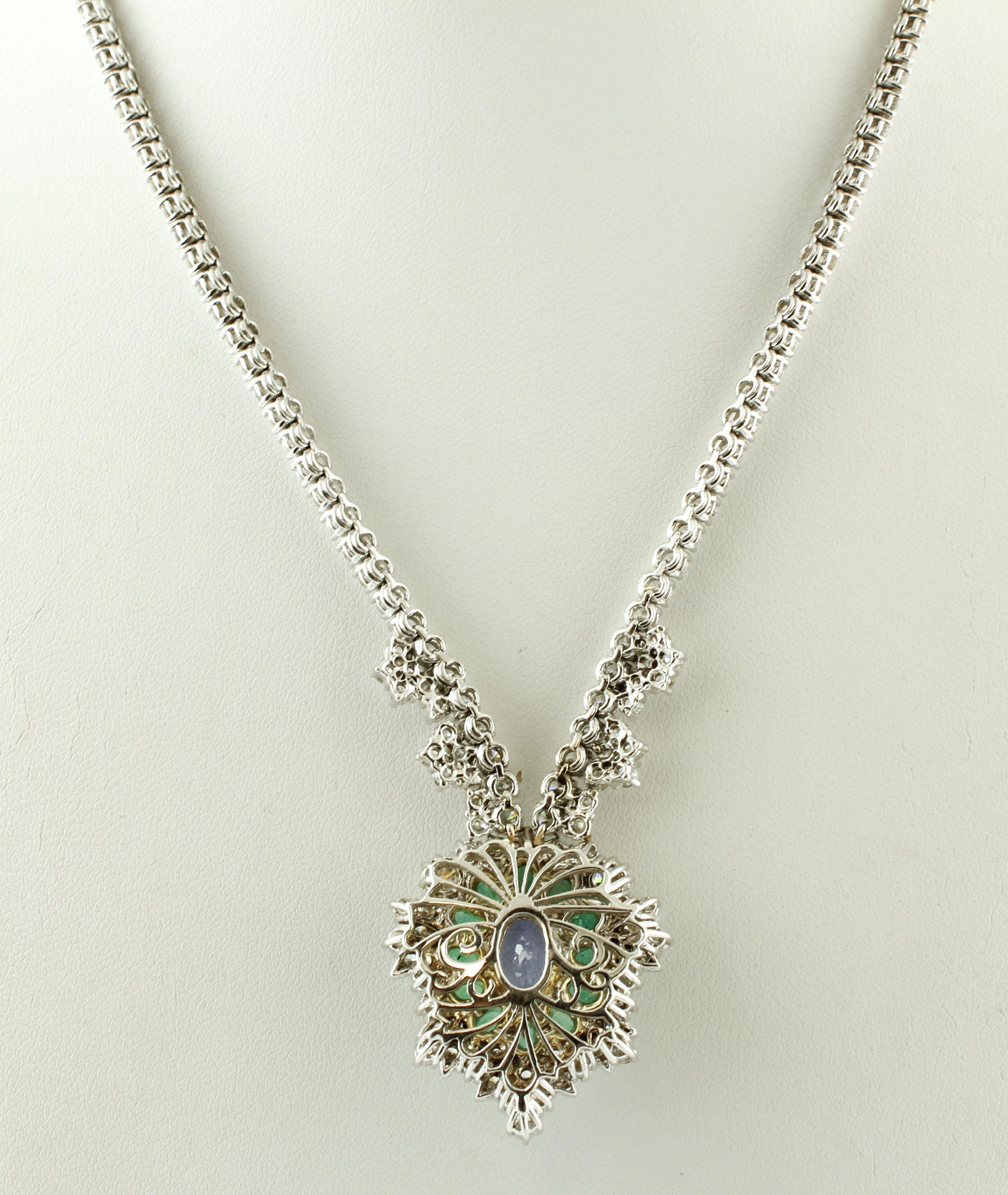 Modern Diamonds, Emeralds, Tanzanite, 14 Karat White Gold Pendant Necklace
